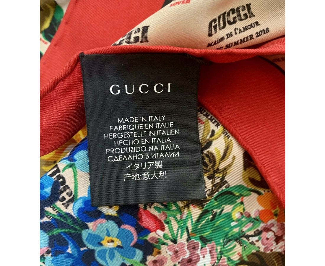 Gucci Women's Beige Monogram Logo Print Red Flower Motif Silk Scarf