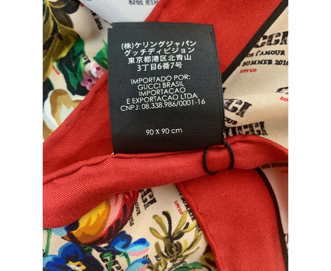 Gucci Women's Beige Monogram Logo Print Red Flower Motif Silk Scarf