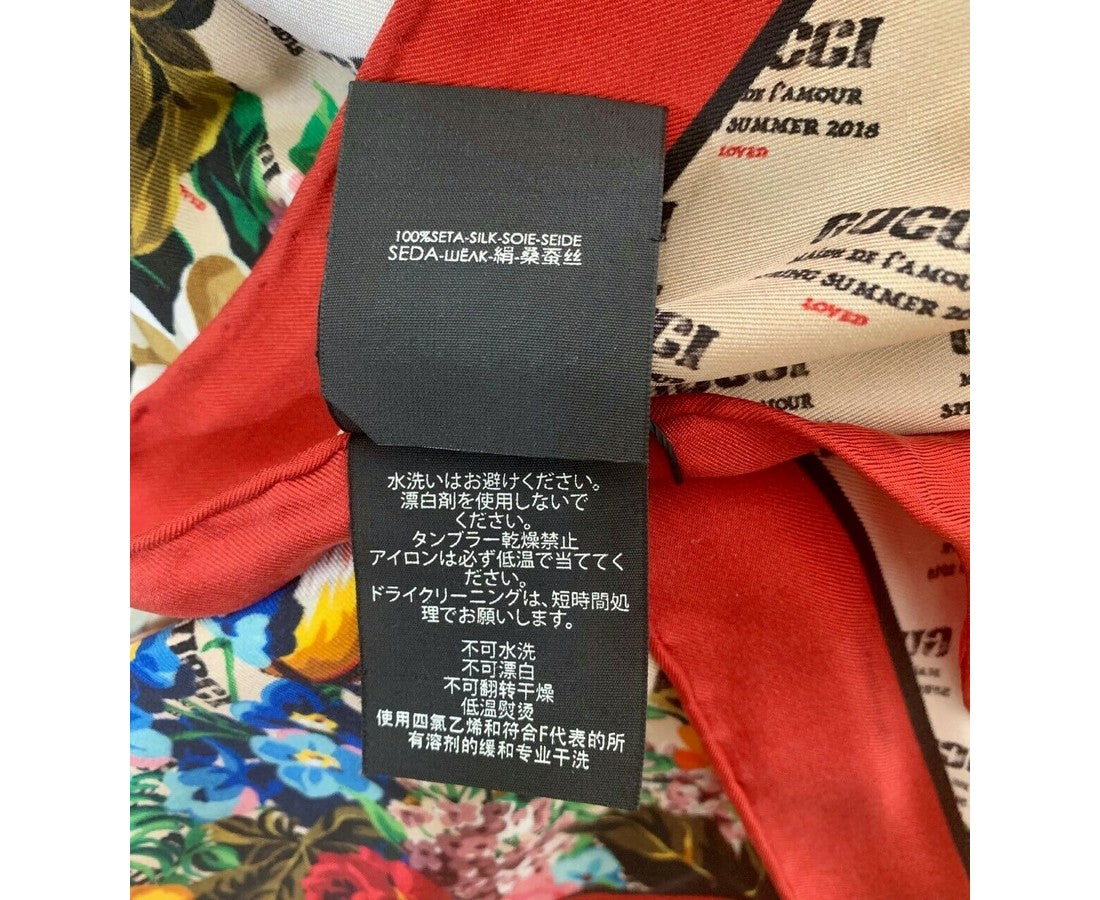 Gucci Women's Beige Monogram Logo Print Red Flower Motif Silk Scarf