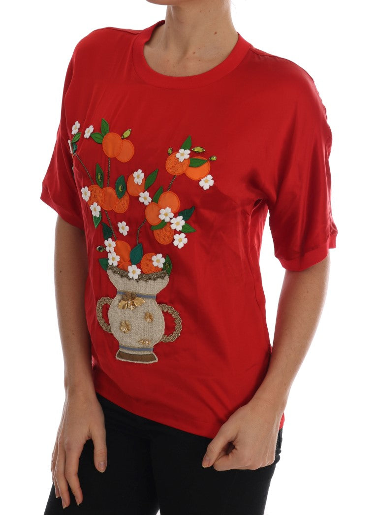 Dolce & Gabbana Red Silk Orange Vase Crystal Women's Top