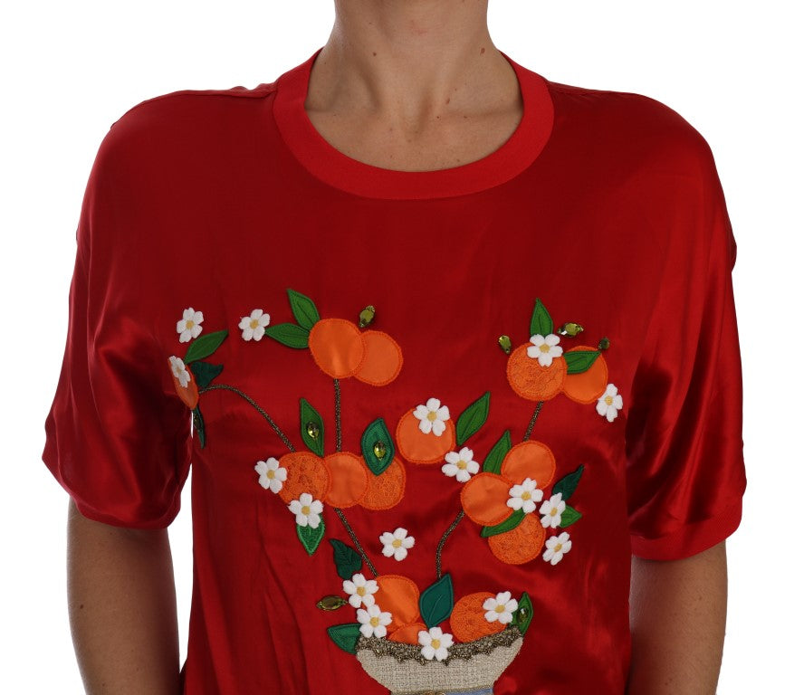 Dolce & Gabbana Red Silk Orange Vase Crystal Women's Top