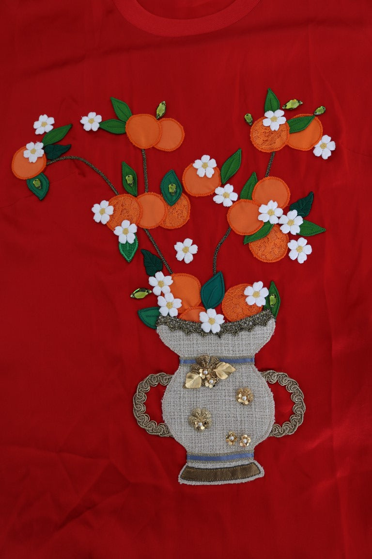 Dolce & Gabbana Red Silk Orange Vase Crystal Women's Top