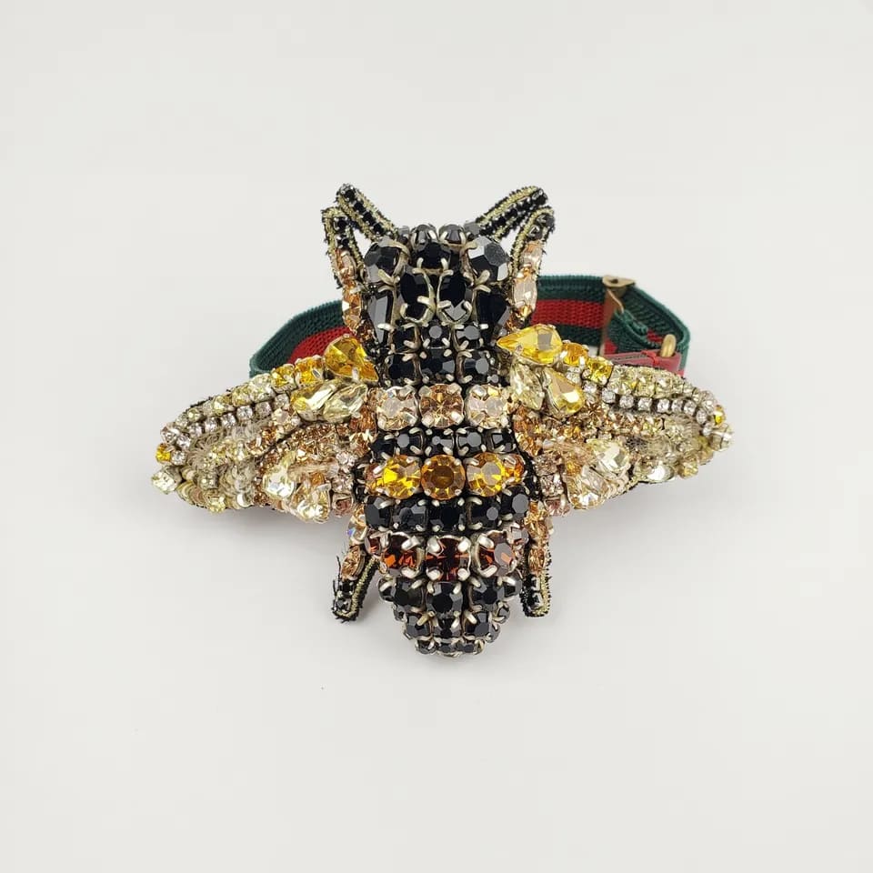 Gucci Black/Gold Crystal Bee Bracelet w/Tiger Head and GRG Elastic Band