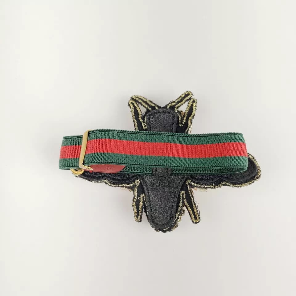 Gucci Black/Gold Crystal Bee Bracelet w/Tiger Head and GRG Elastic Band