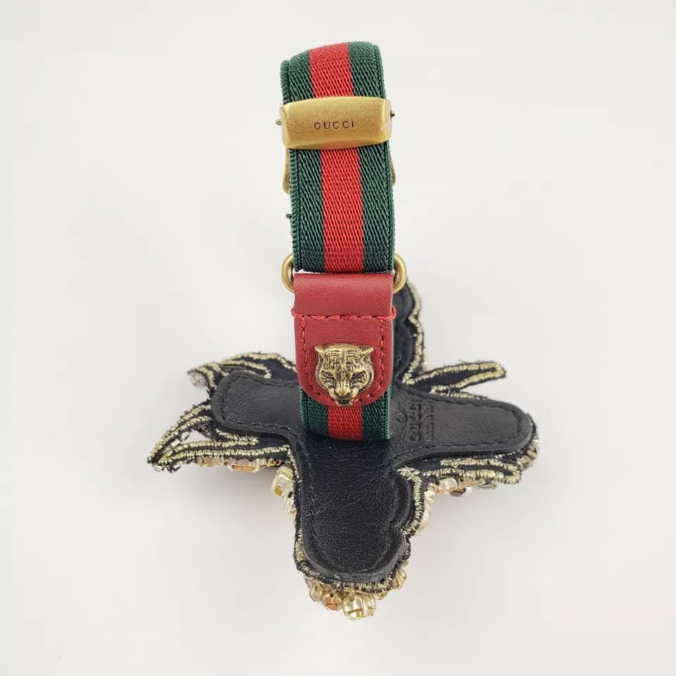 Gucci Black/Gold Crystal Bee Bracelet w/Tiger Head and GRG Elastic Band