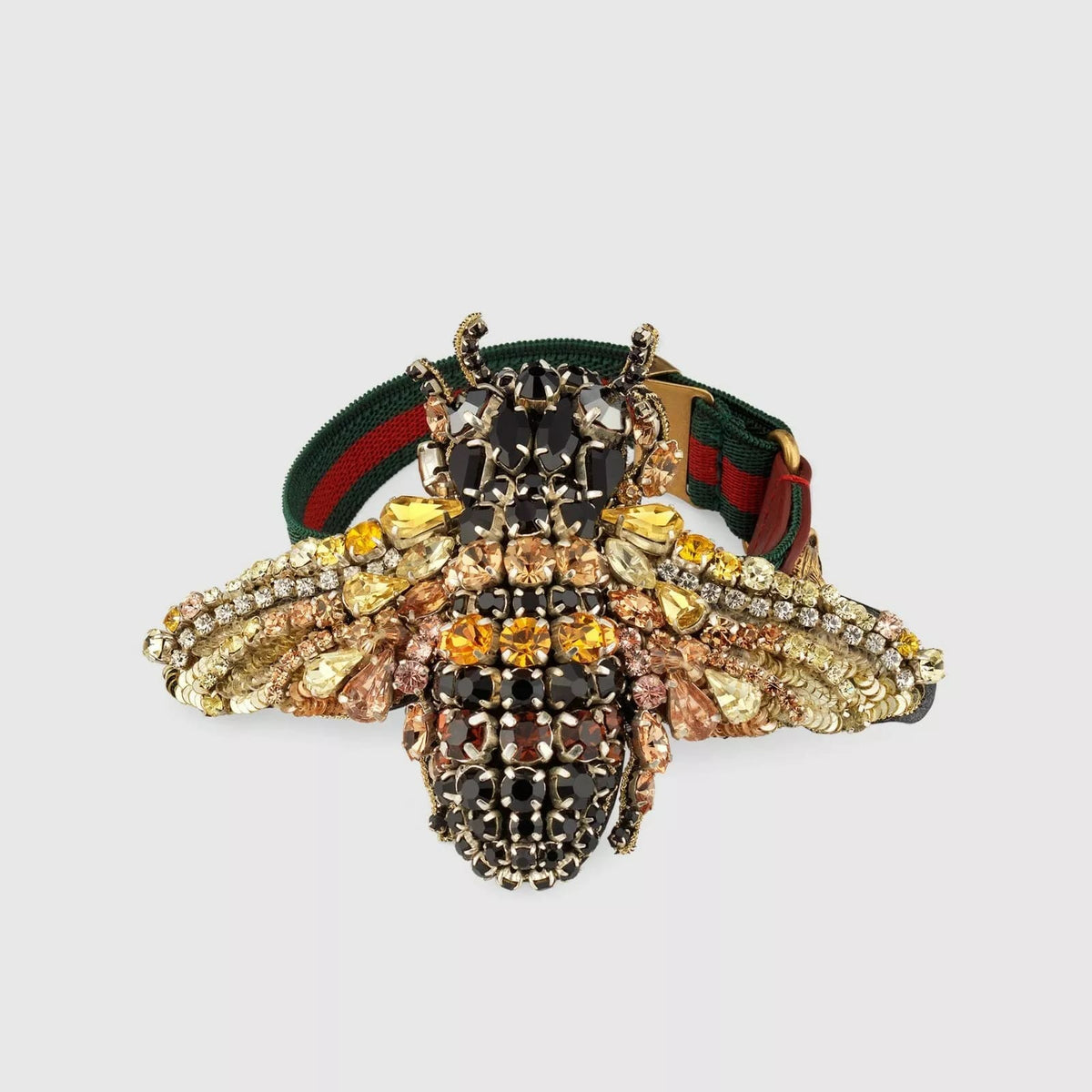 Gucci Black/Gold Crystal Bee Bracelet w/Tiger Head and GRG Elastic Ban