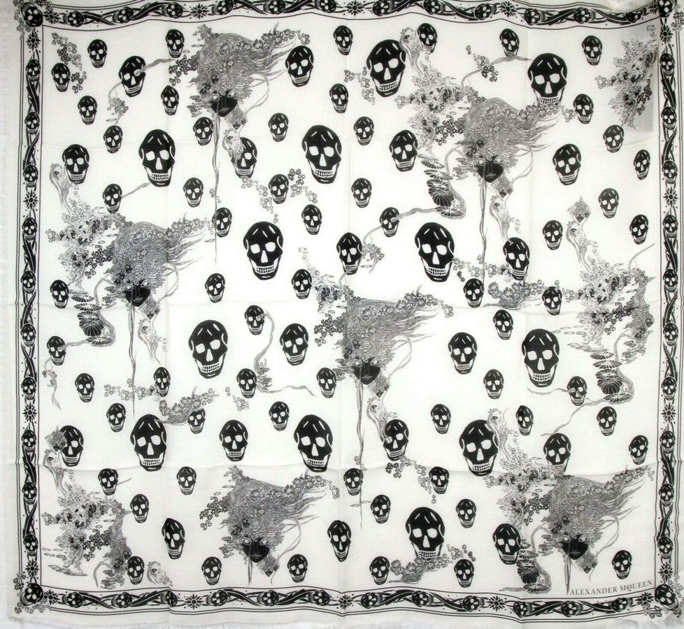 Alexander McQueen Women's Ivory / Black Modal / Wool Scarf Ophelia Skull Print 528571 9260