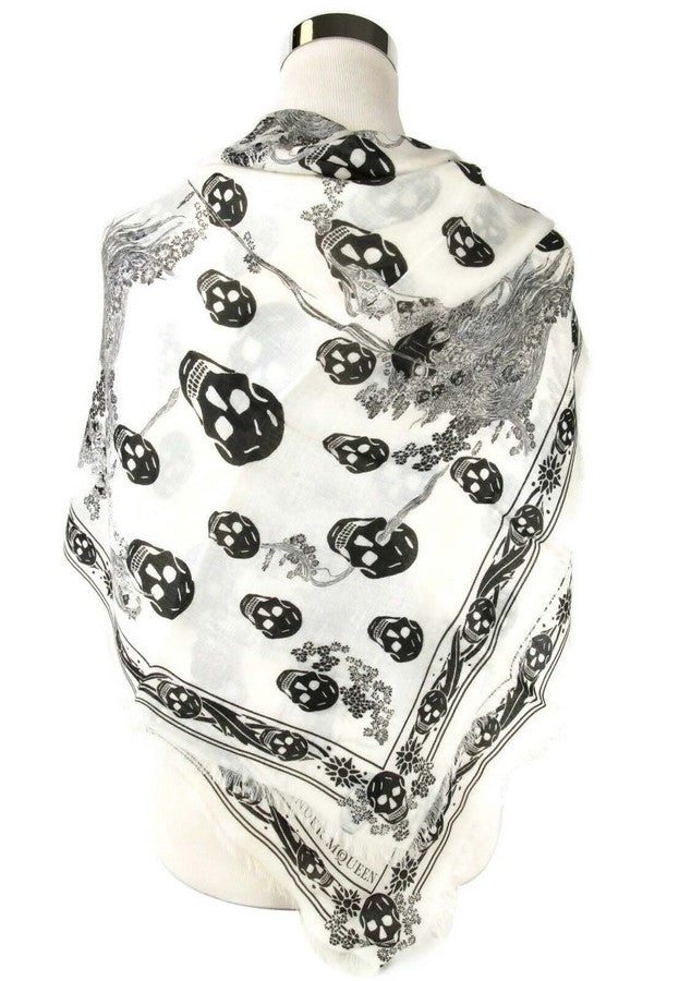 Alexander McQueen Women's Ivory / Black Modal / Wool Scarf Ophelia Skull Print 528571 9260