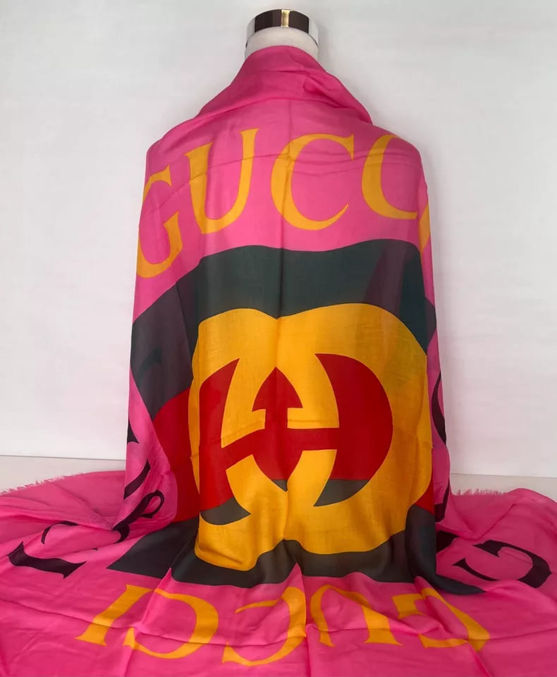 Gucci Women Bright Pink Wool/Silk GRG Web GG Logo Scarf Shawl
