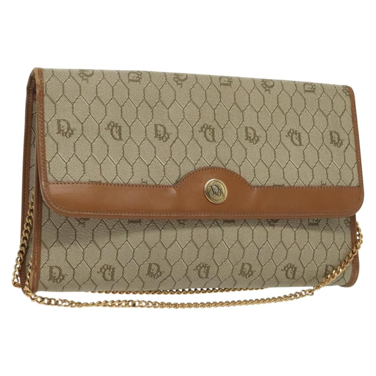 Christian Dior Vintage Honeycomb Chain Canvas Beige Canvas Bag (Pre-Owned)