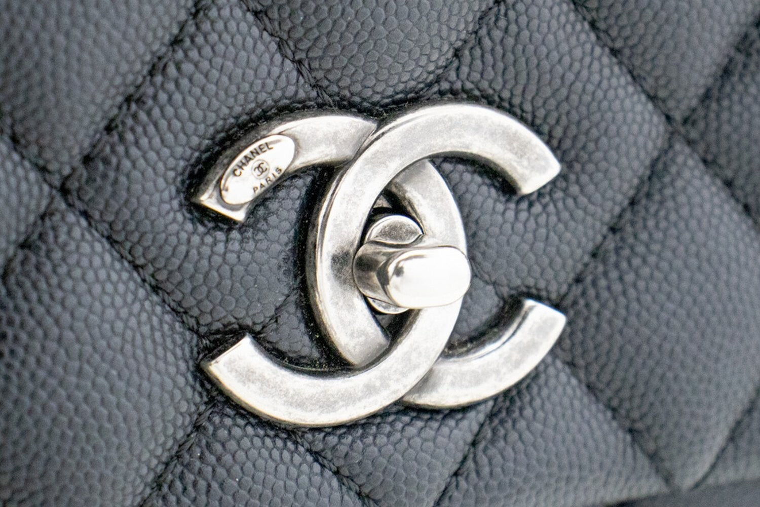 Chanel Top Handle Flap Quilted Caviar Leather Black Calfskin Handbag (Pre-Owned)