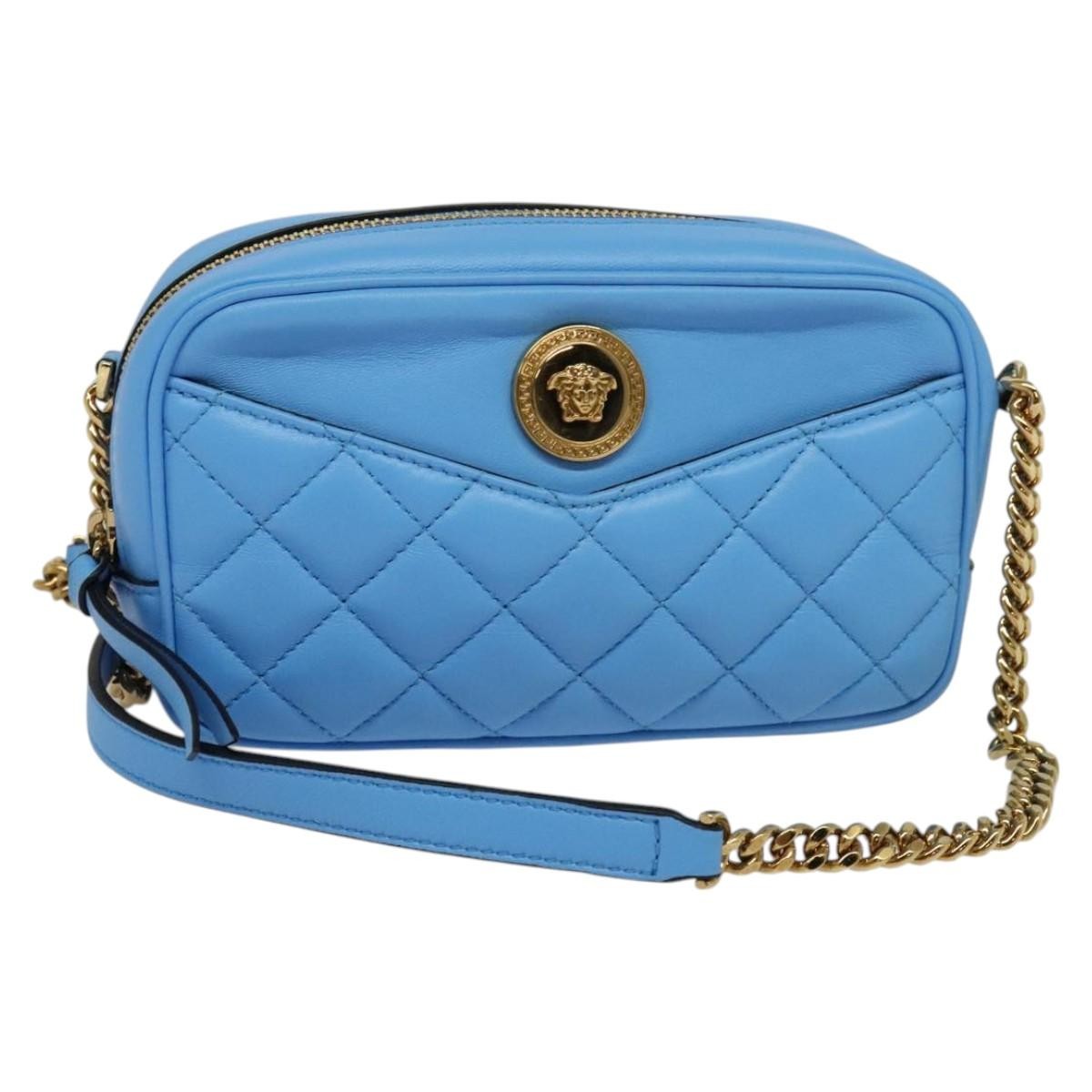 Versace Medusa Icon Front Slip Pocket Camera Quilted Leather Blue Leather Shoulder Bag Bag (Pre-Owned)