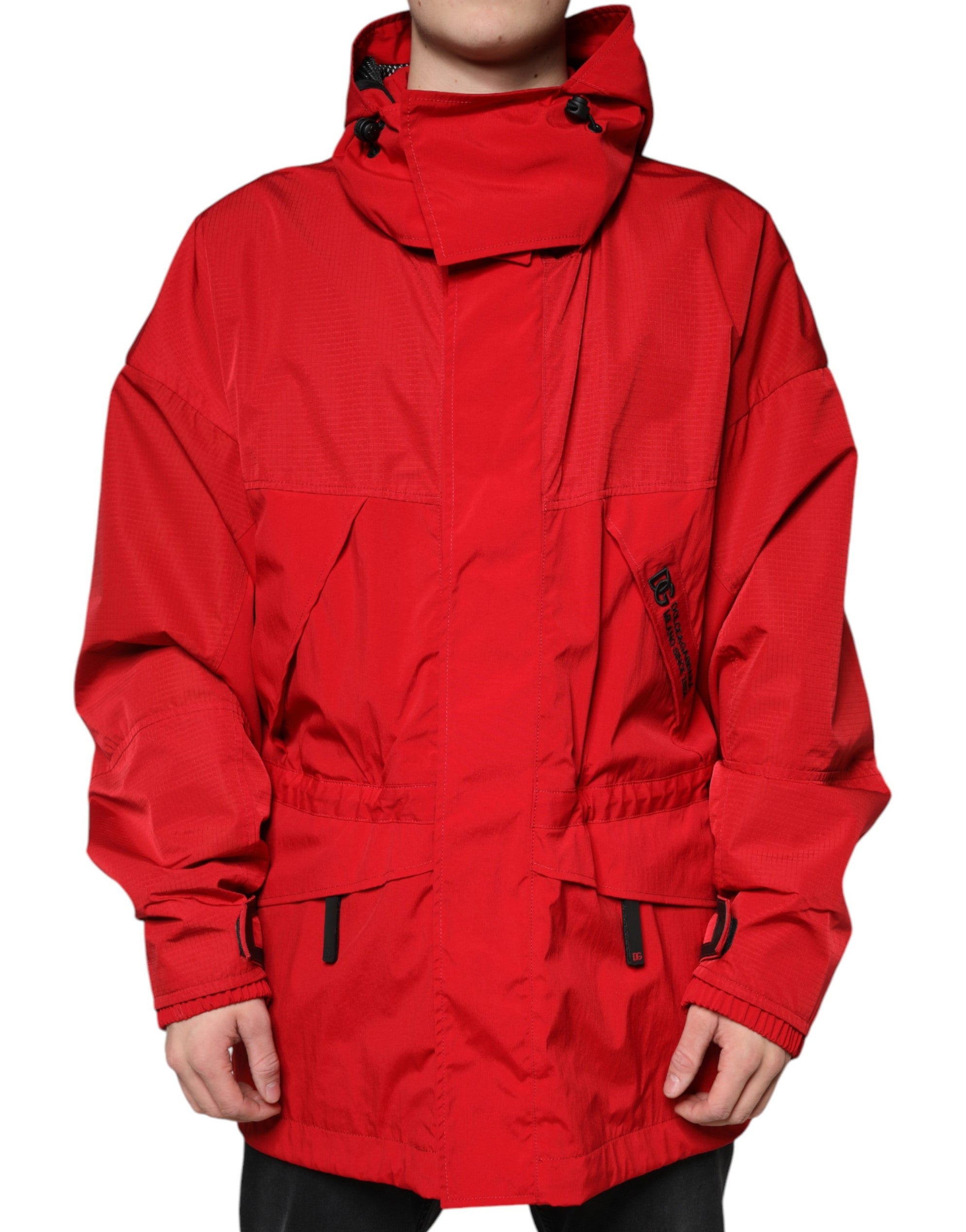 Dolce & Gabbana Red Nylon Hooded Men Full Zip Parka Men's Jacket