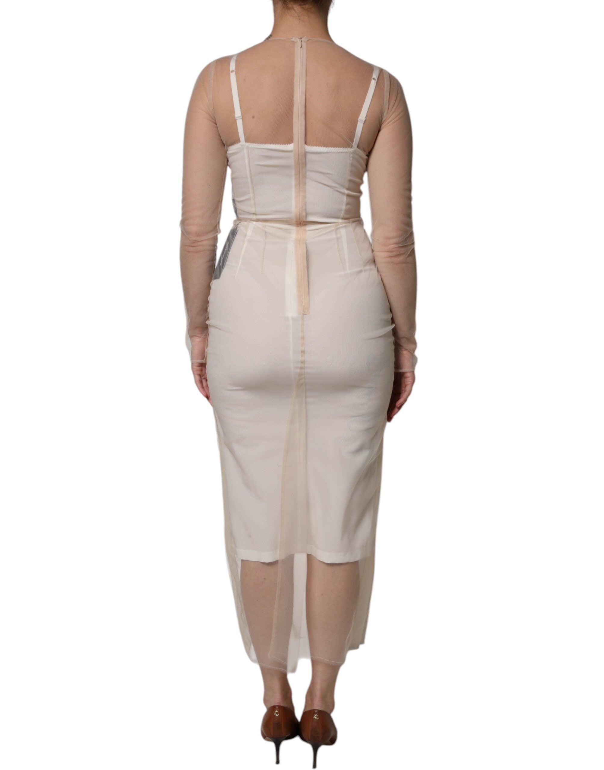 Dolce & Gabbana White Sheer Tulle Bustier Bodycon Midi Women's Dress