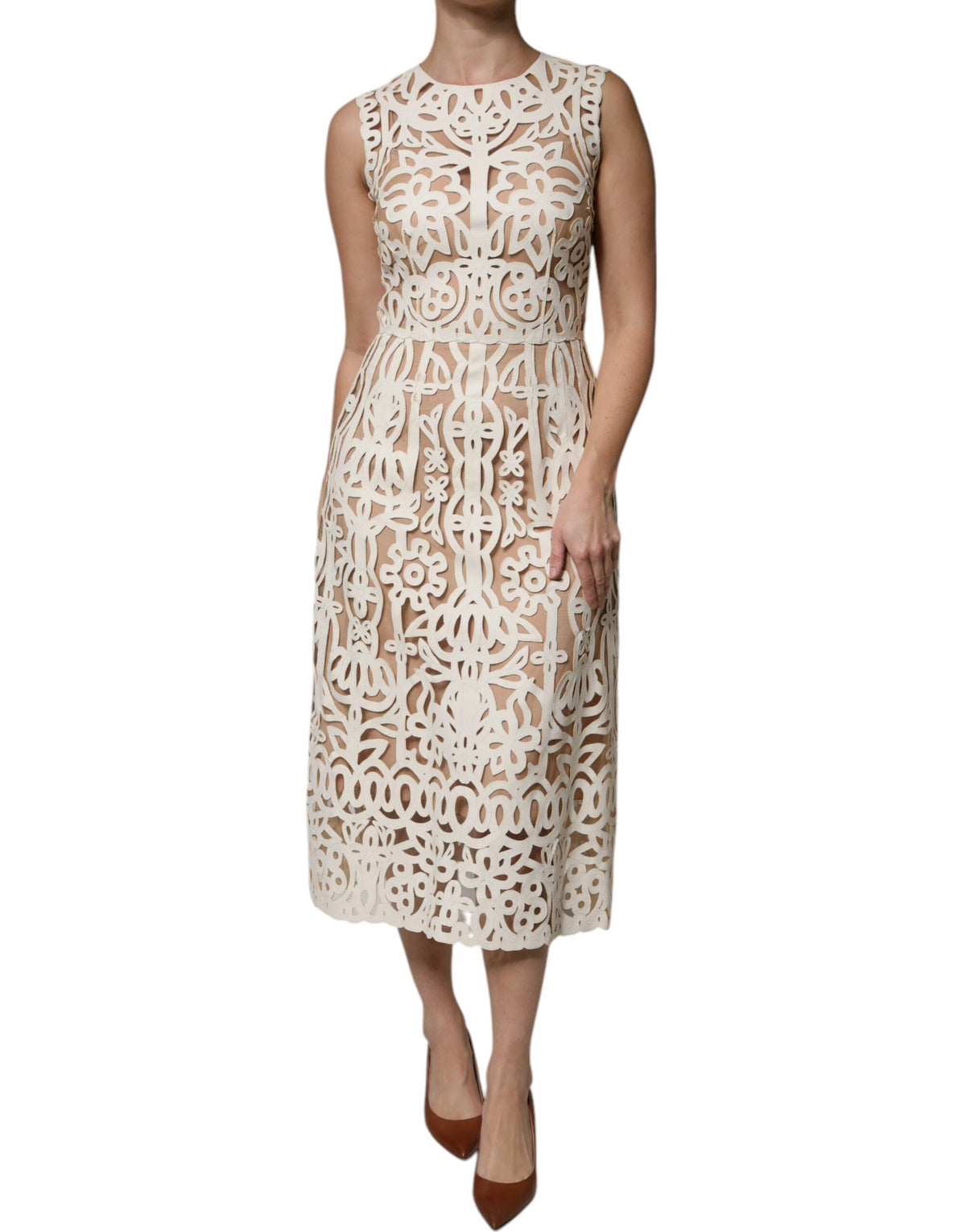 Dolce & Gabbana White Cut Out Leather Sleeveless Midi Women's Dress