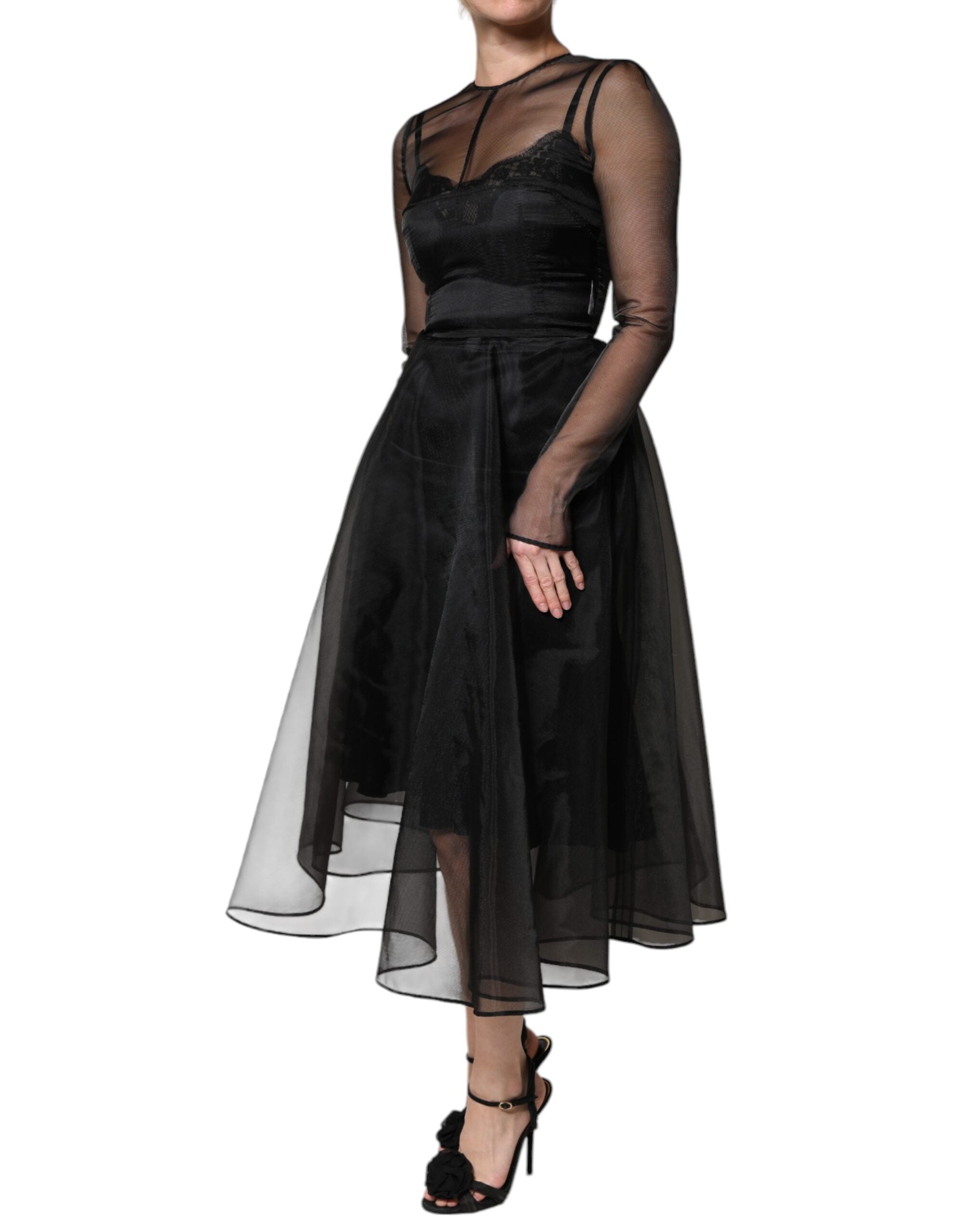 Dolce & Gabbana Black Tulle A-line Midi Cocktail Gown Women's Dress