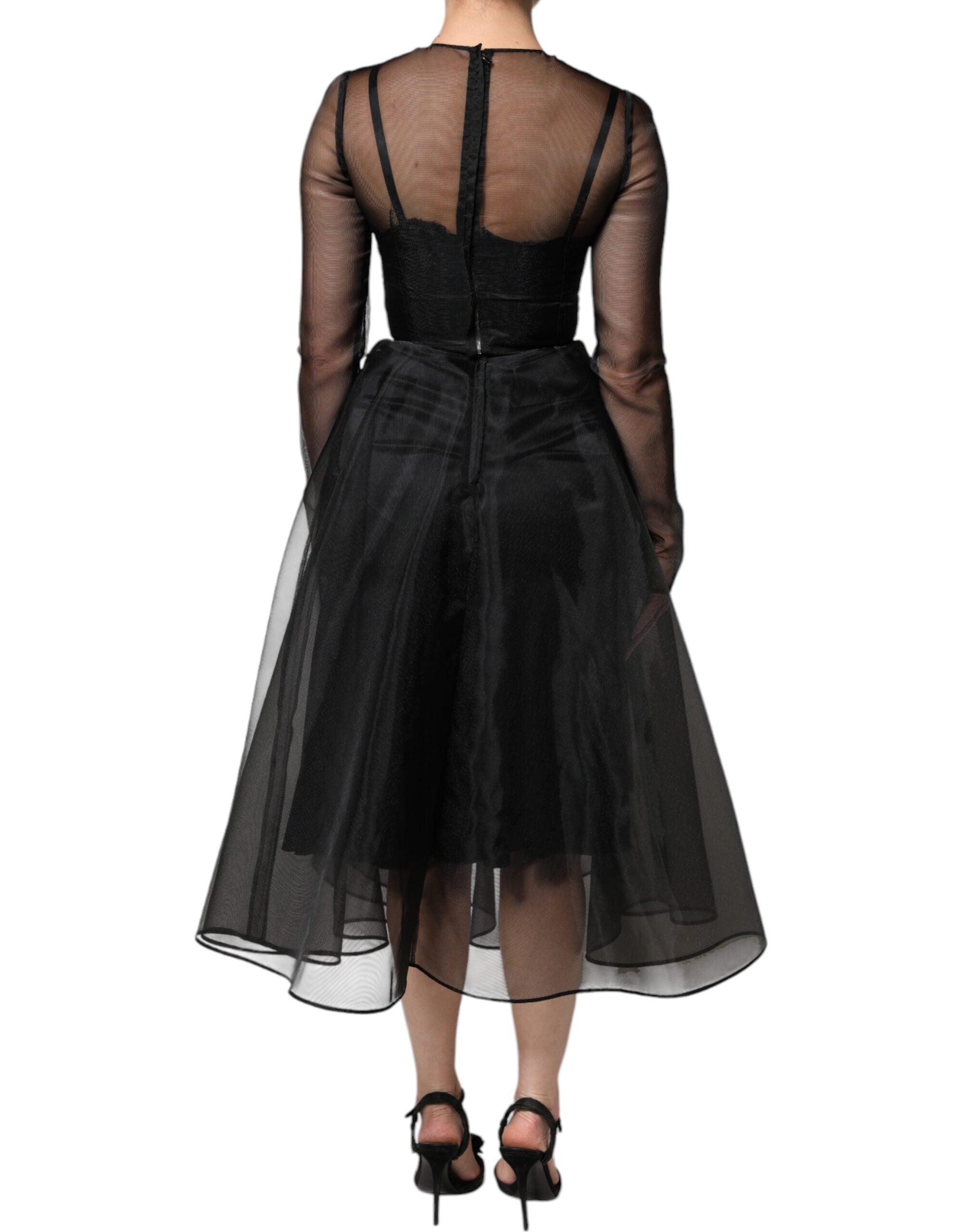 Dolce & Gabbana Black Tulle A-line Midi Cocktail Gown Women's Dress