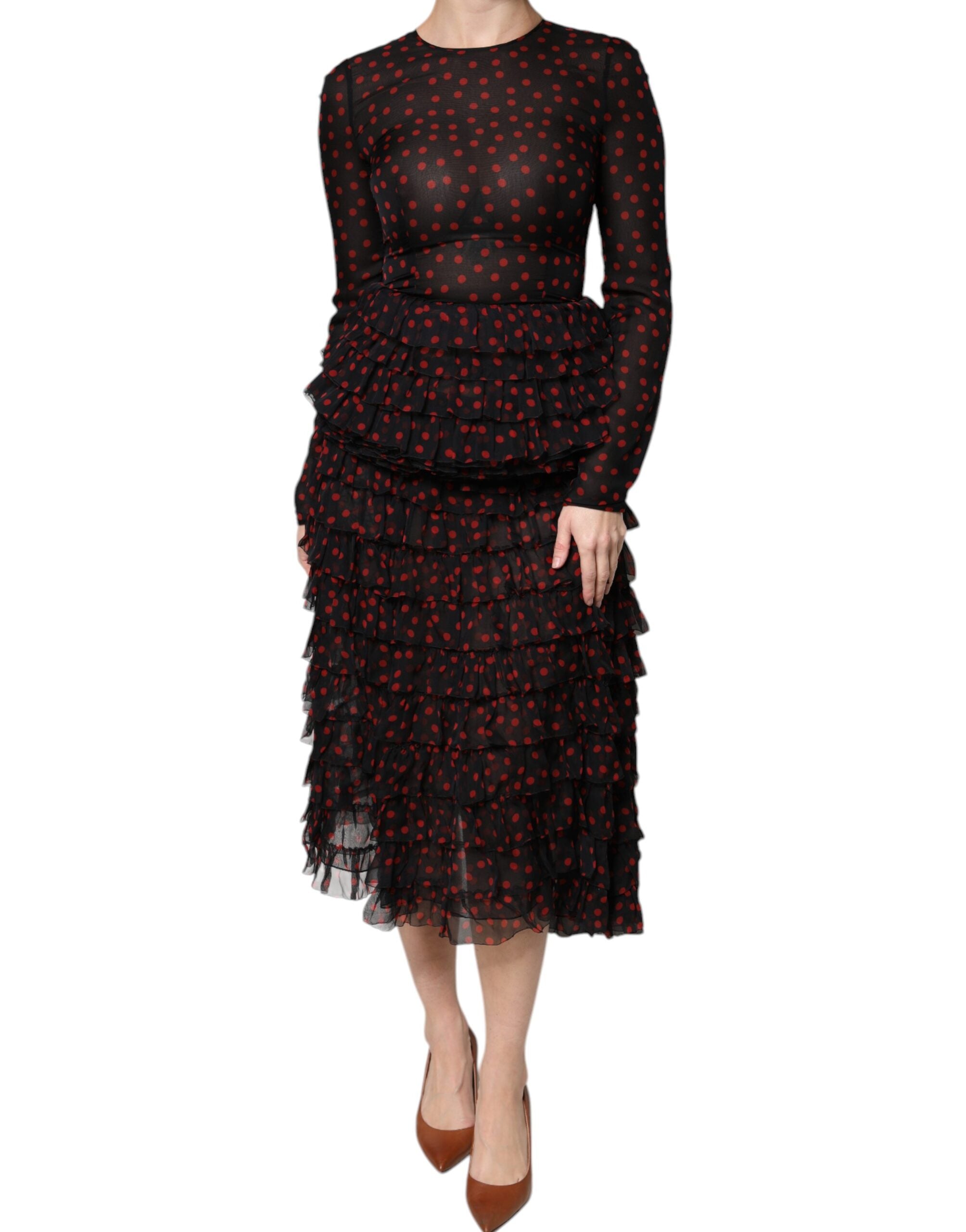 Dolce & Gabbana Black Red Polka Dot Silk Layered Midi Women's Dress