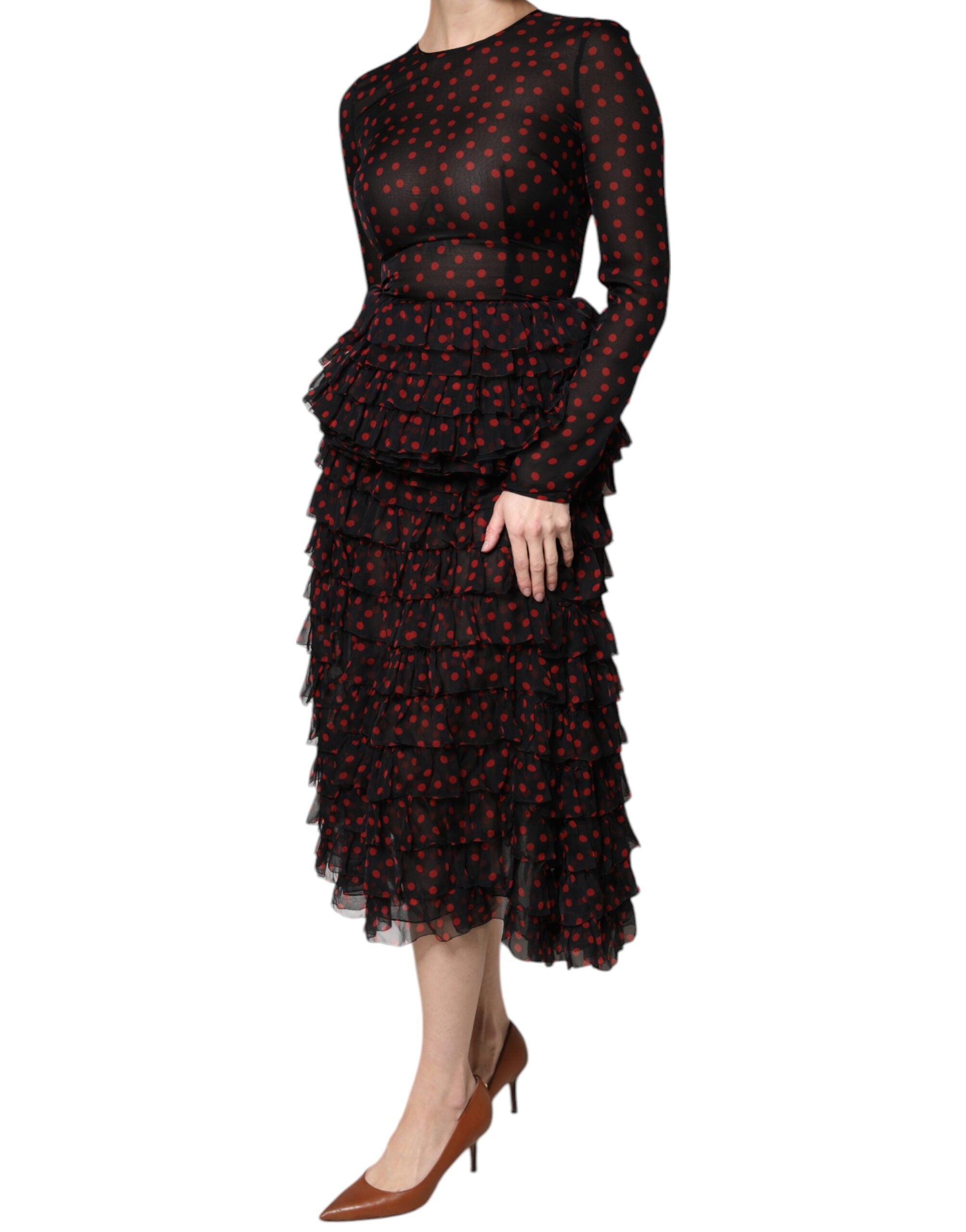 Dolce & Gabbana Black Red Polka Dot Silk Layered Midi Women's Dress