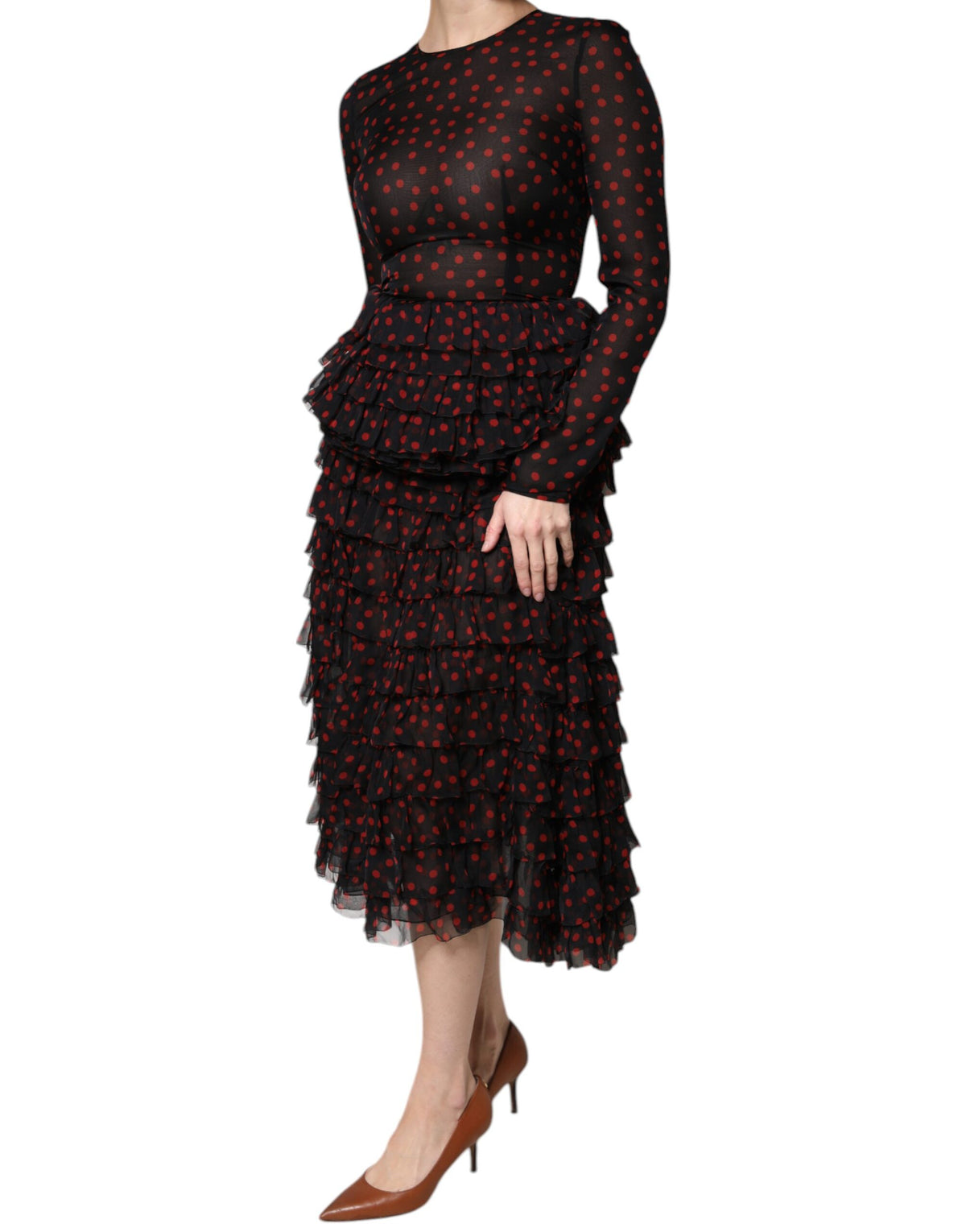 Dolce & Gabbana Black Red Polka Dot Silk Layered Midi Women's Dress