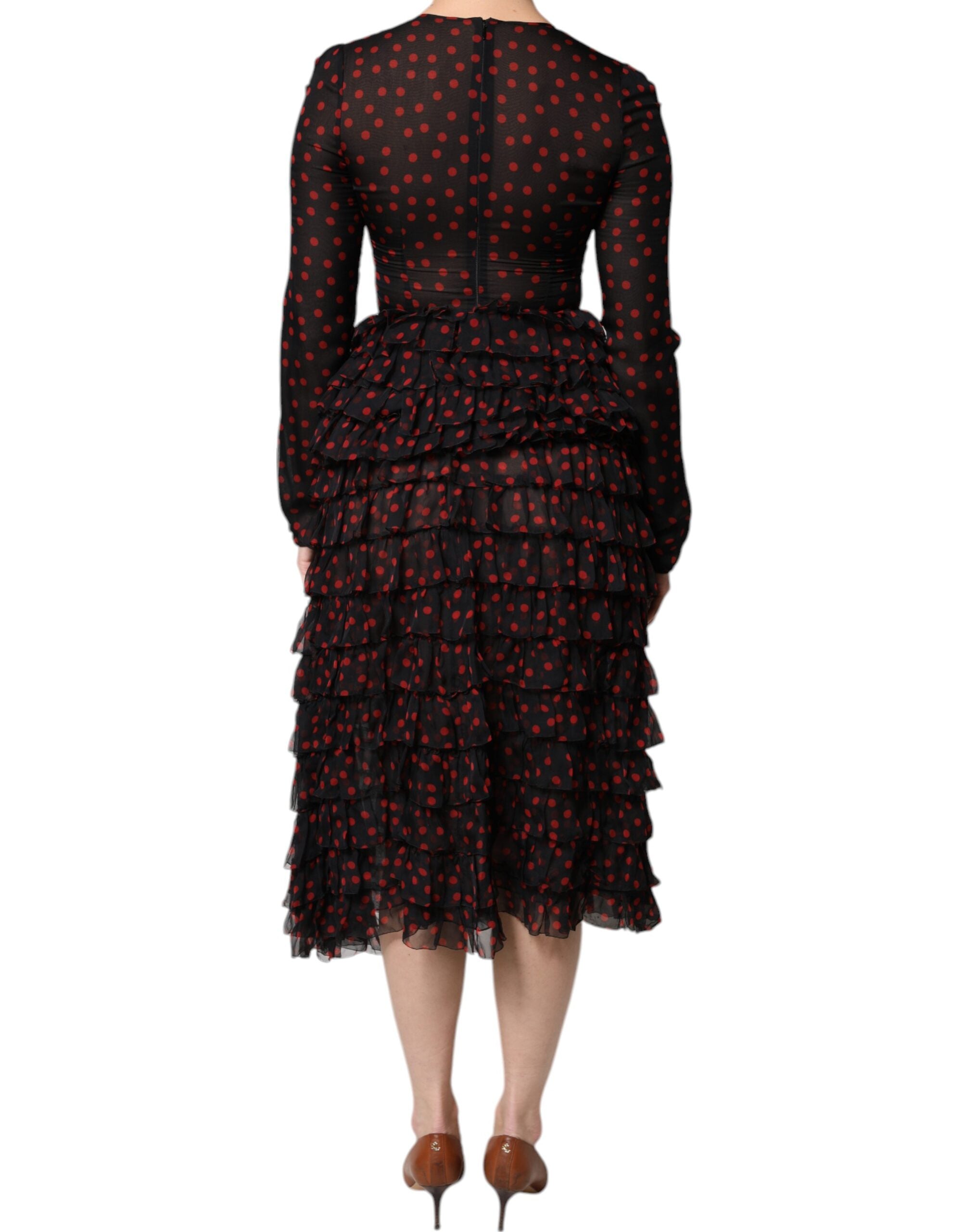 Dolce & Gabbana Black Red Polka Dot Silk Layered Midi Women's Dress