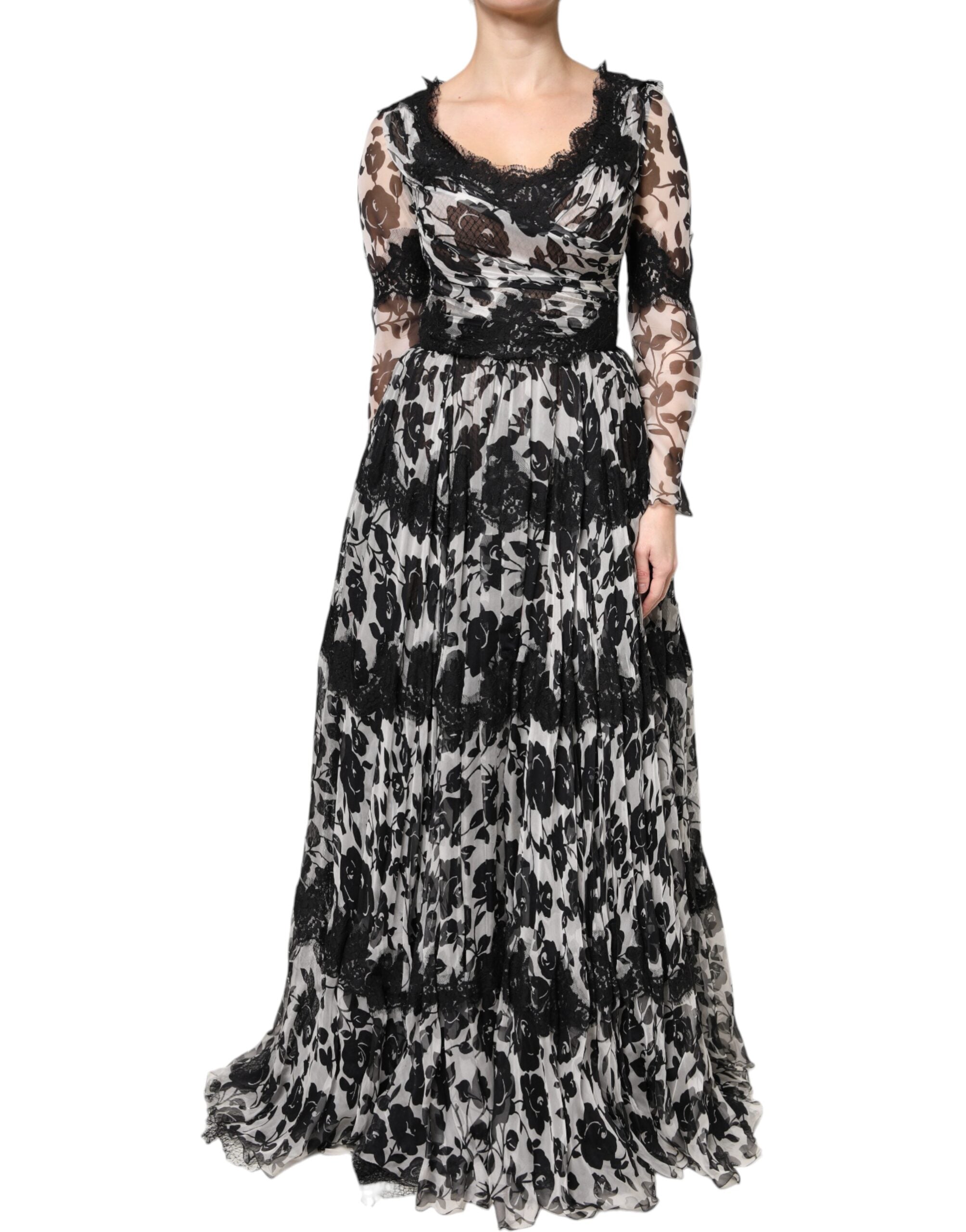 Dolce & Gabbana Black Silk Floral Lace Ricamo Ball Maxi Women's Dress (Pre-Owned)