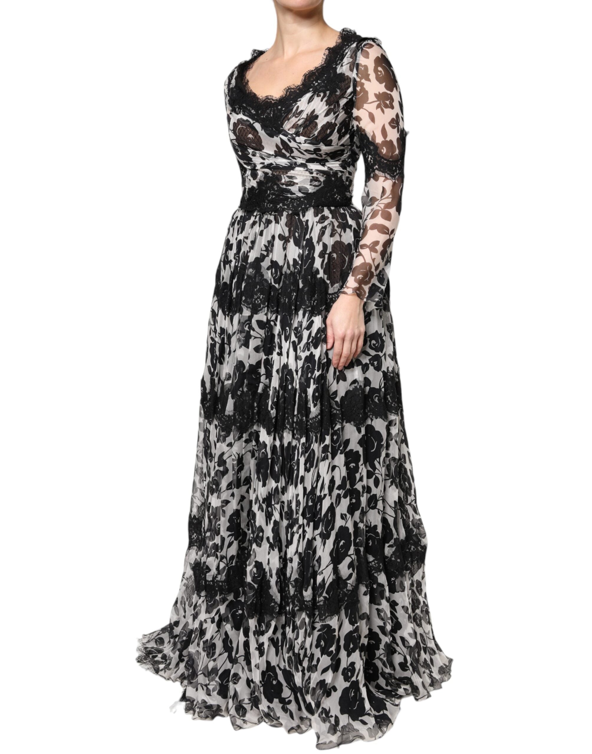 Dolce & Gabbana Black Silk Floral Lace Ricamo Ball Maxi Women's Dress (Pre-Owned)
