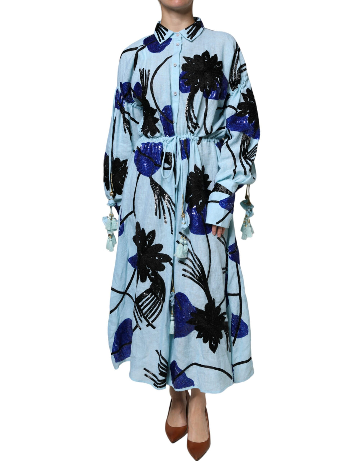 Christian Pellizzari Light Blue Floral Embellished Shirt Maxi Women's Dress