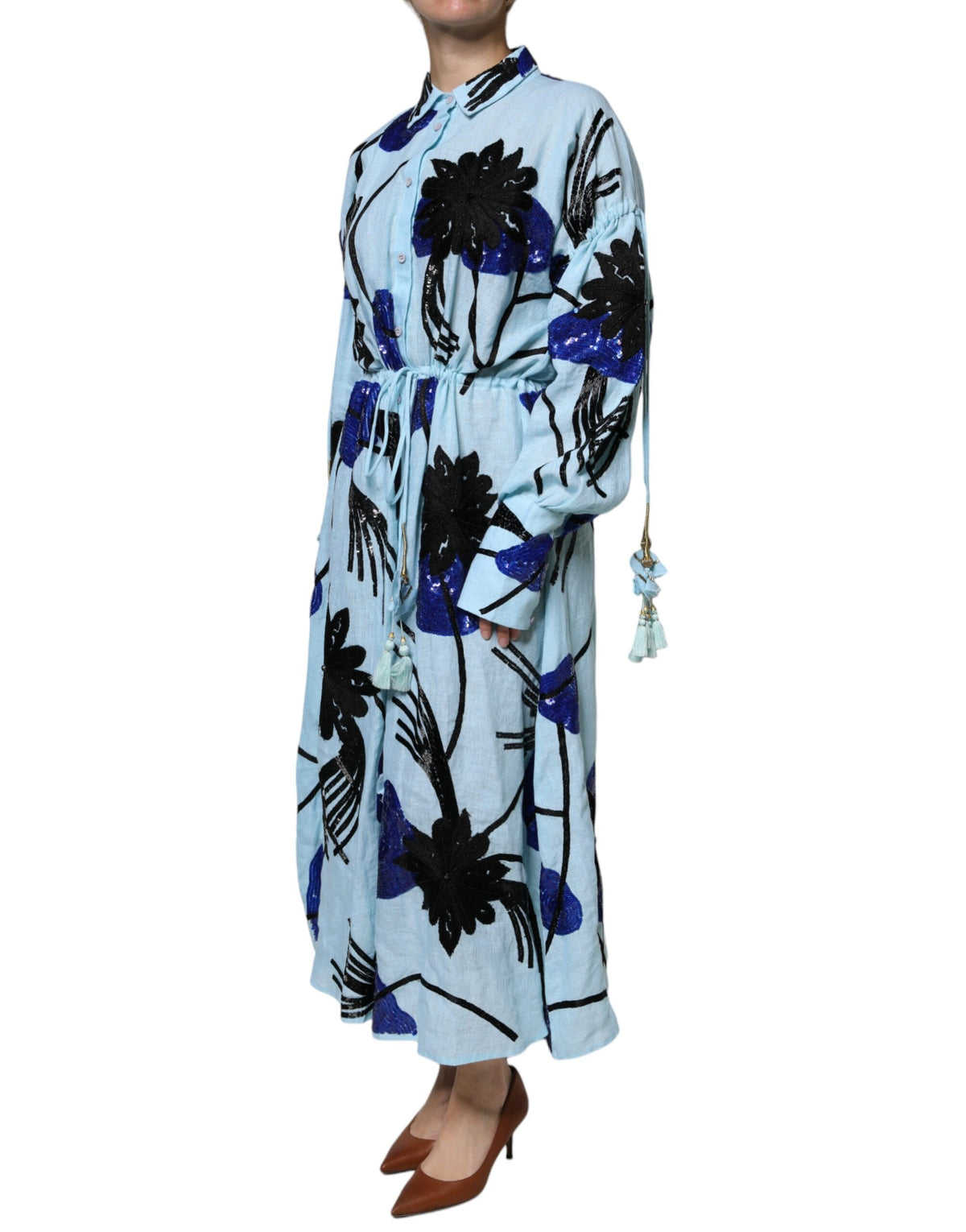 Christian Pellizzari Light Blue Floral Embellished Shirt Maxi Women's Dress