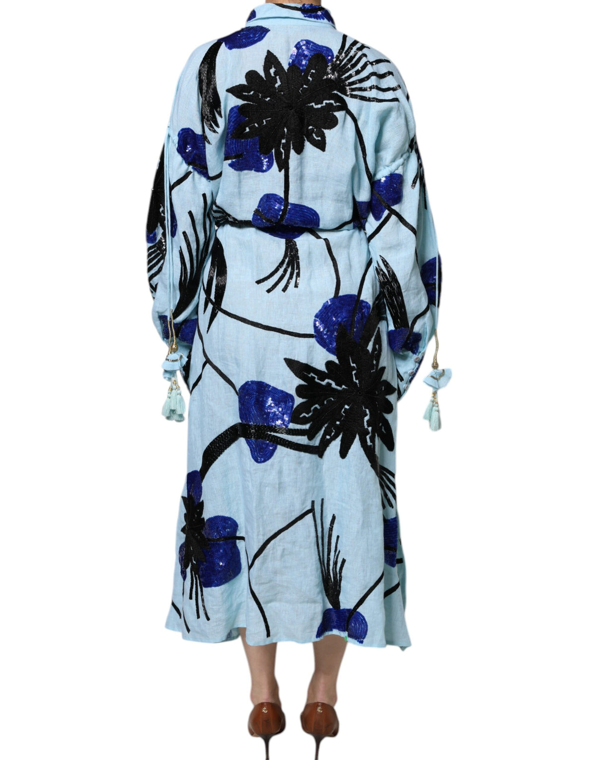 Christian Pellizzari Light Blue Floral Embellished Shirt Maxi Women's Dress