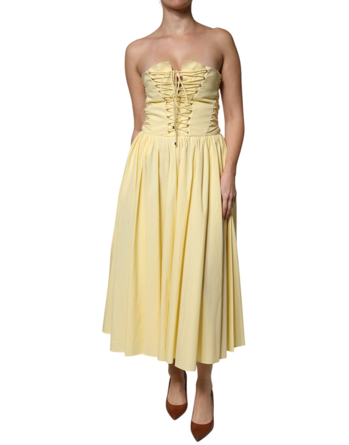 Philosophy Yellow Cotton Corset Midi Women's Dress