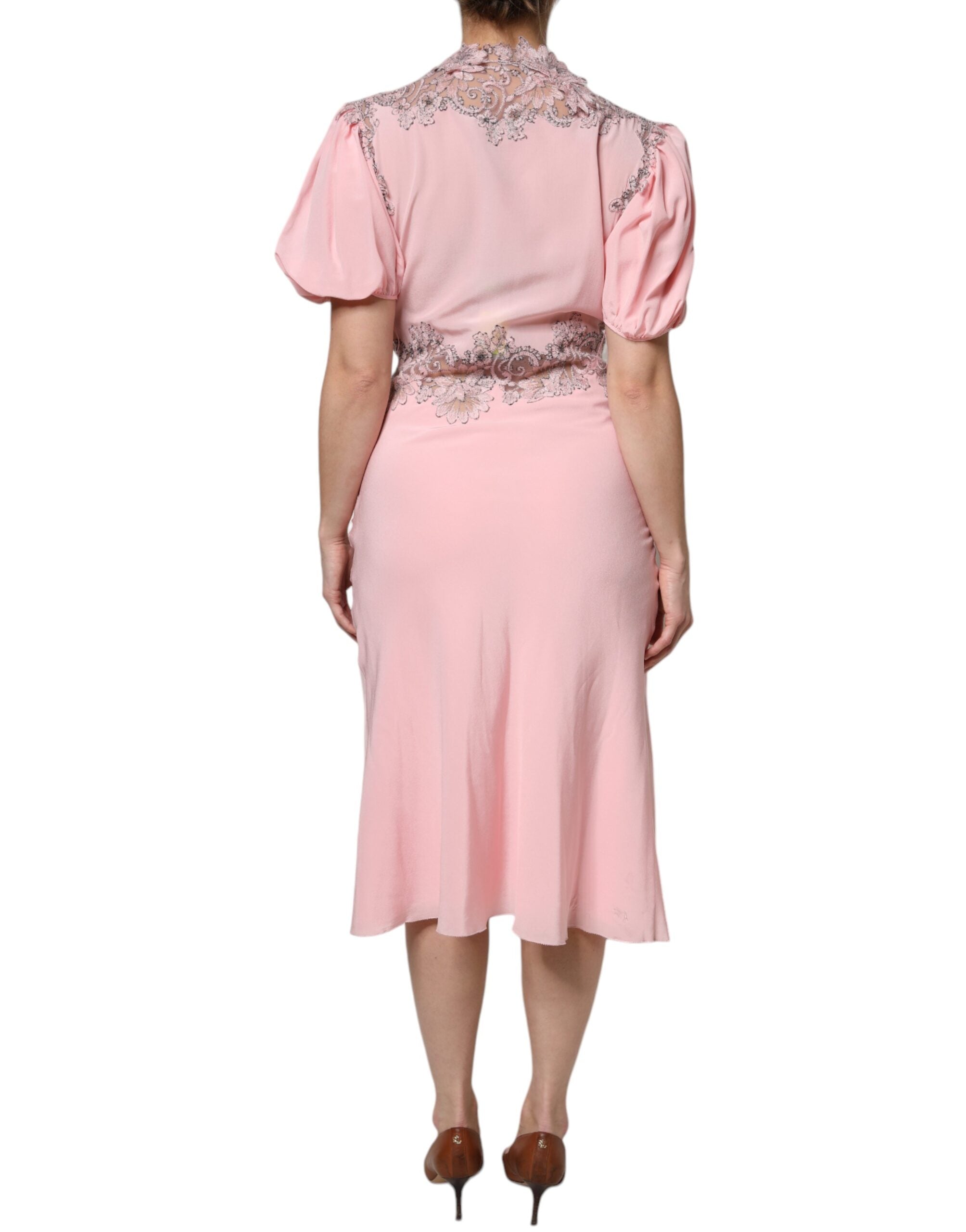 Ermanno Scervino Pink Floral Lace Short Sleeves V-neck Midi Women's Dress (Pre-Owned)