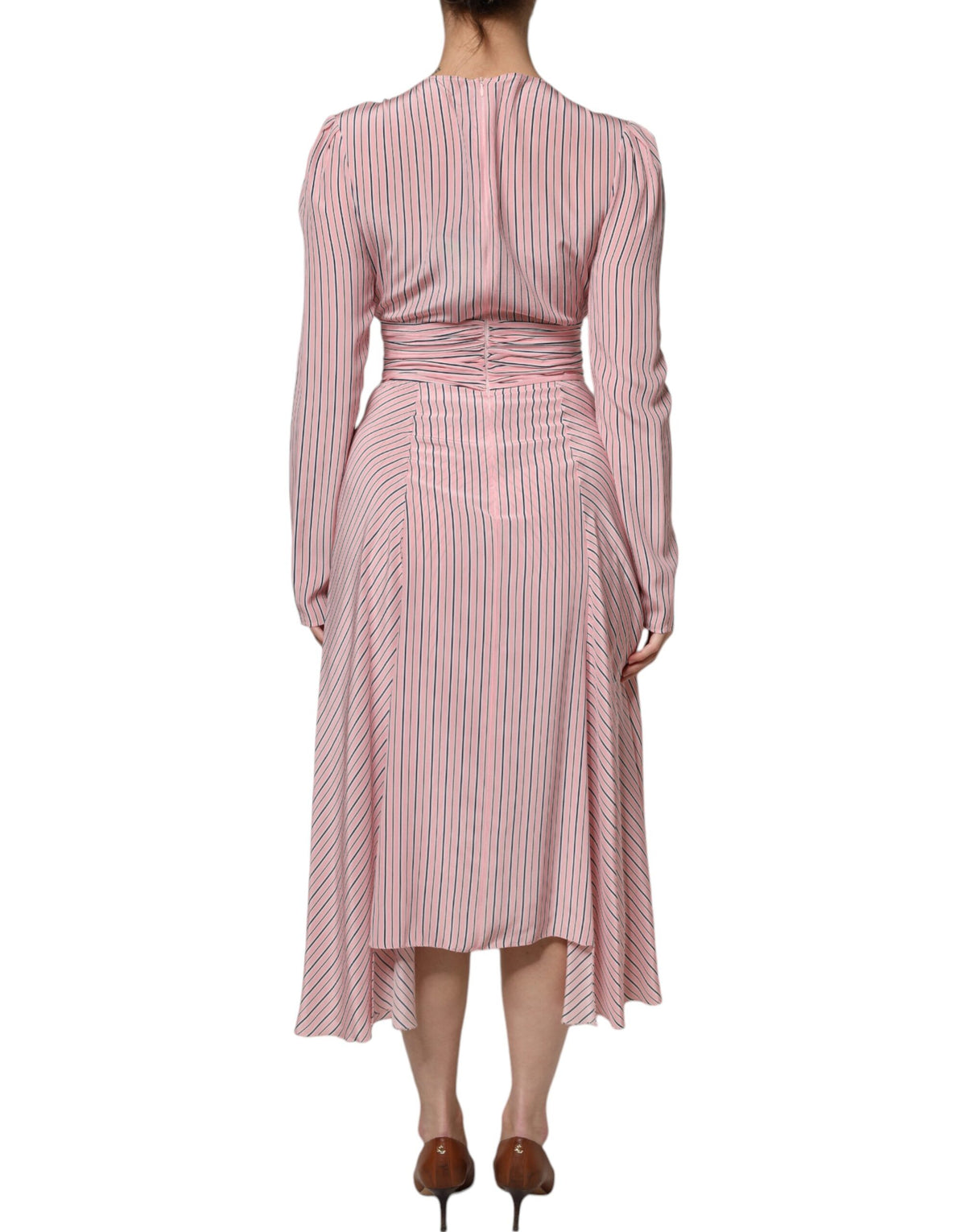 Ermanno Scervino Pink Stripes Silk Long Sleeves Midi Women's Dress (Pre-Owned)