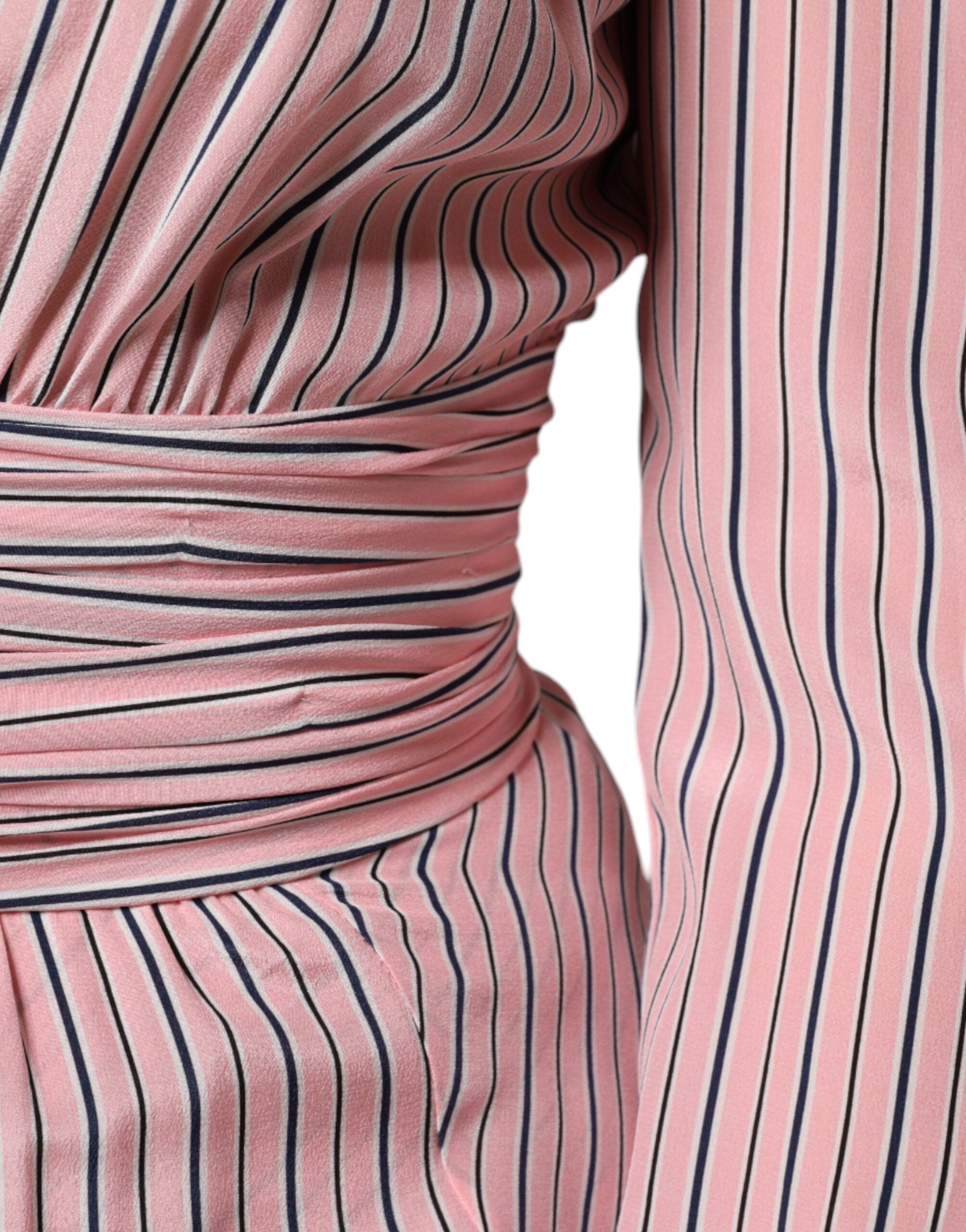 Ermanno Scervino Pink Stripes Silk Long Sleeves Midi Women's Dress (Pre-Owned)