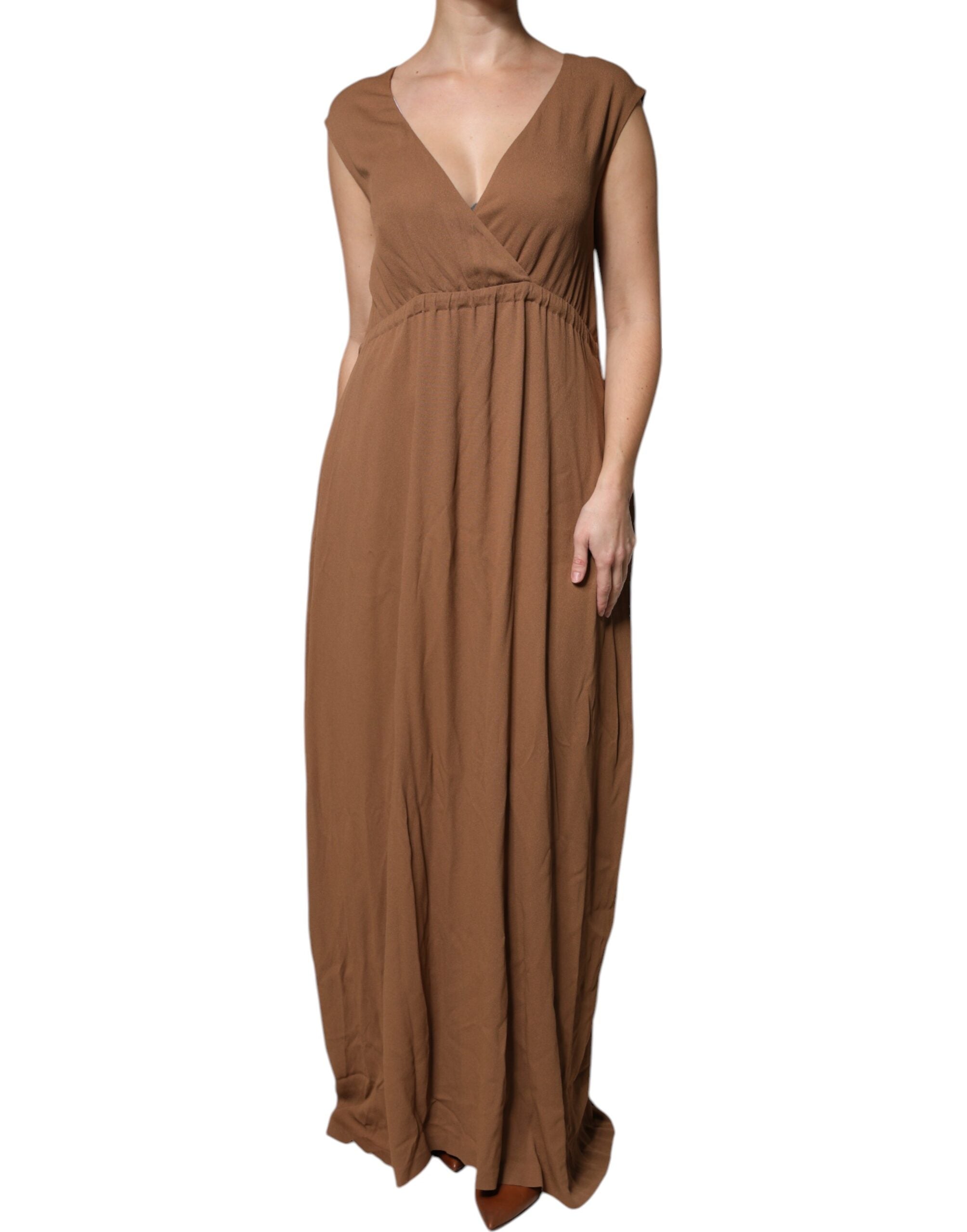 Fabiana Filippi Brown Sleeveless Deep V-neck A-line Long Maxi Women's Dress (Pre-Owned)