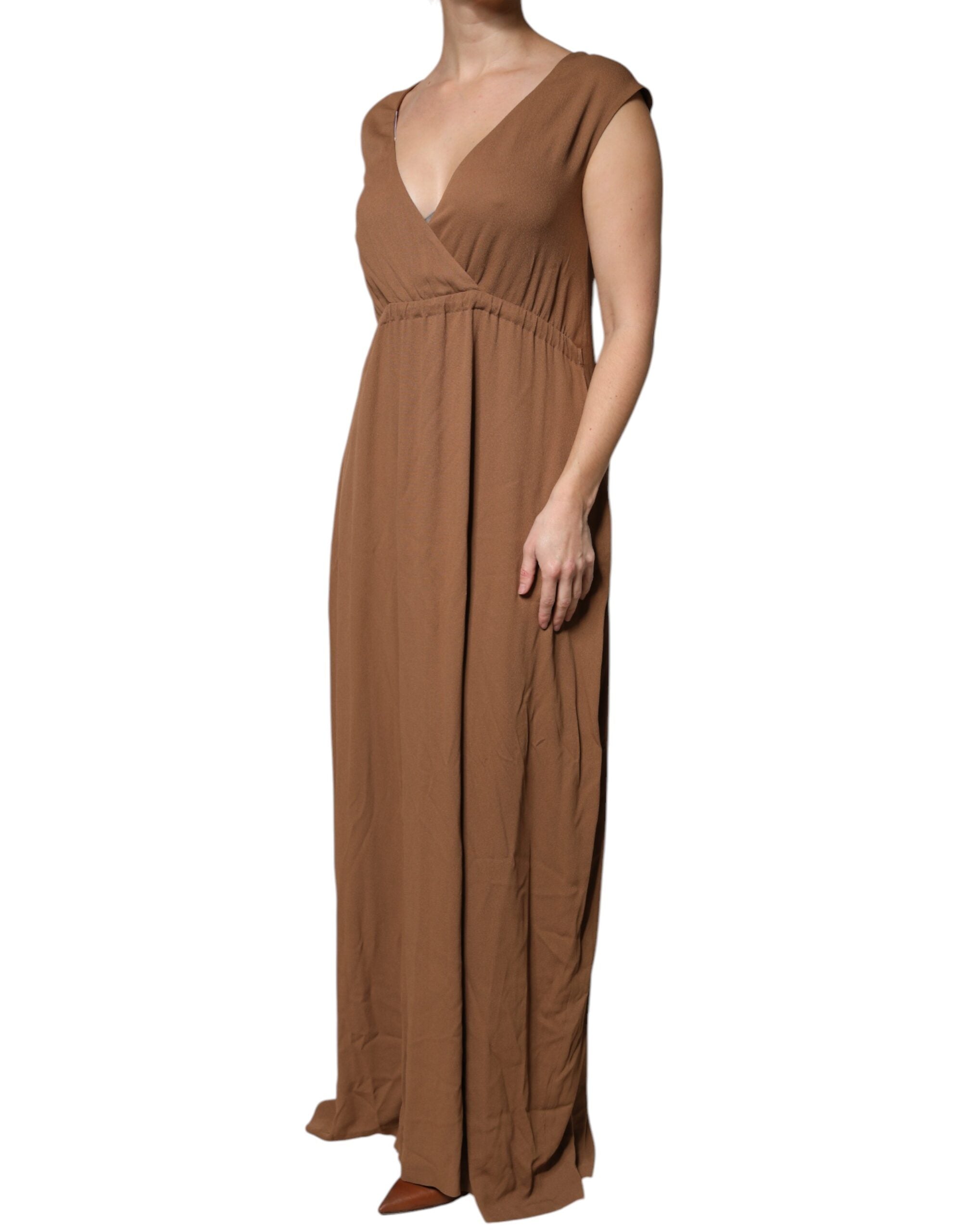 Fabiana Filippi Brown Sleeveless Deep V-neck A-line Long Maxi Women's Dress (Pre-Owned)