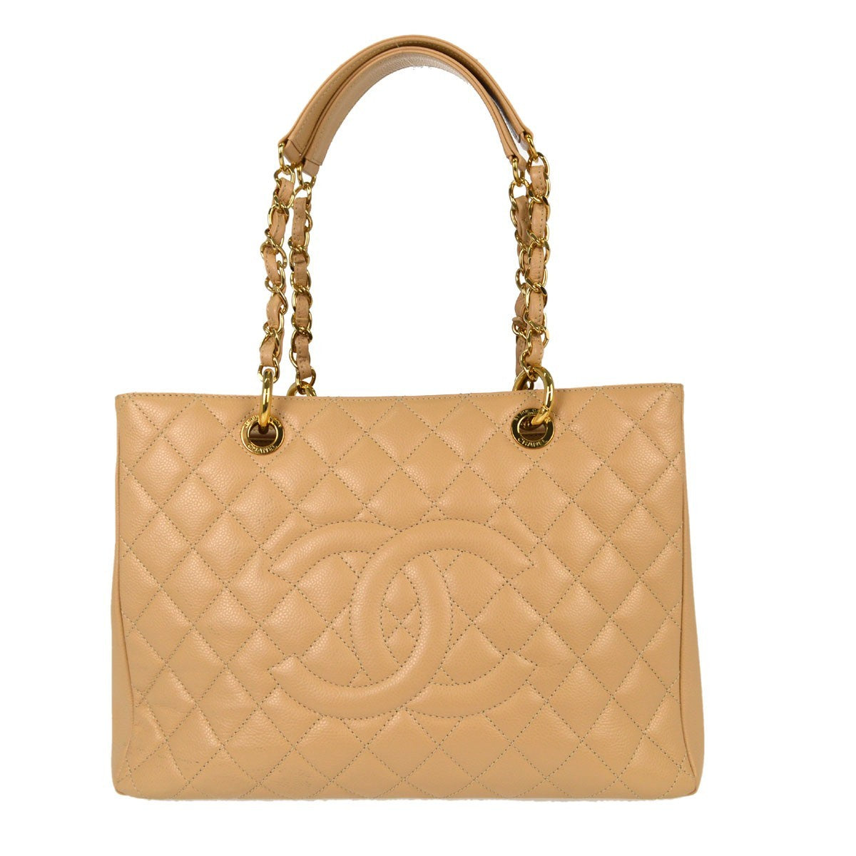 Chanel Grand Shopping Quilted Caviar Beige Calfskin Tote Bag Bag (Pre-Owned)