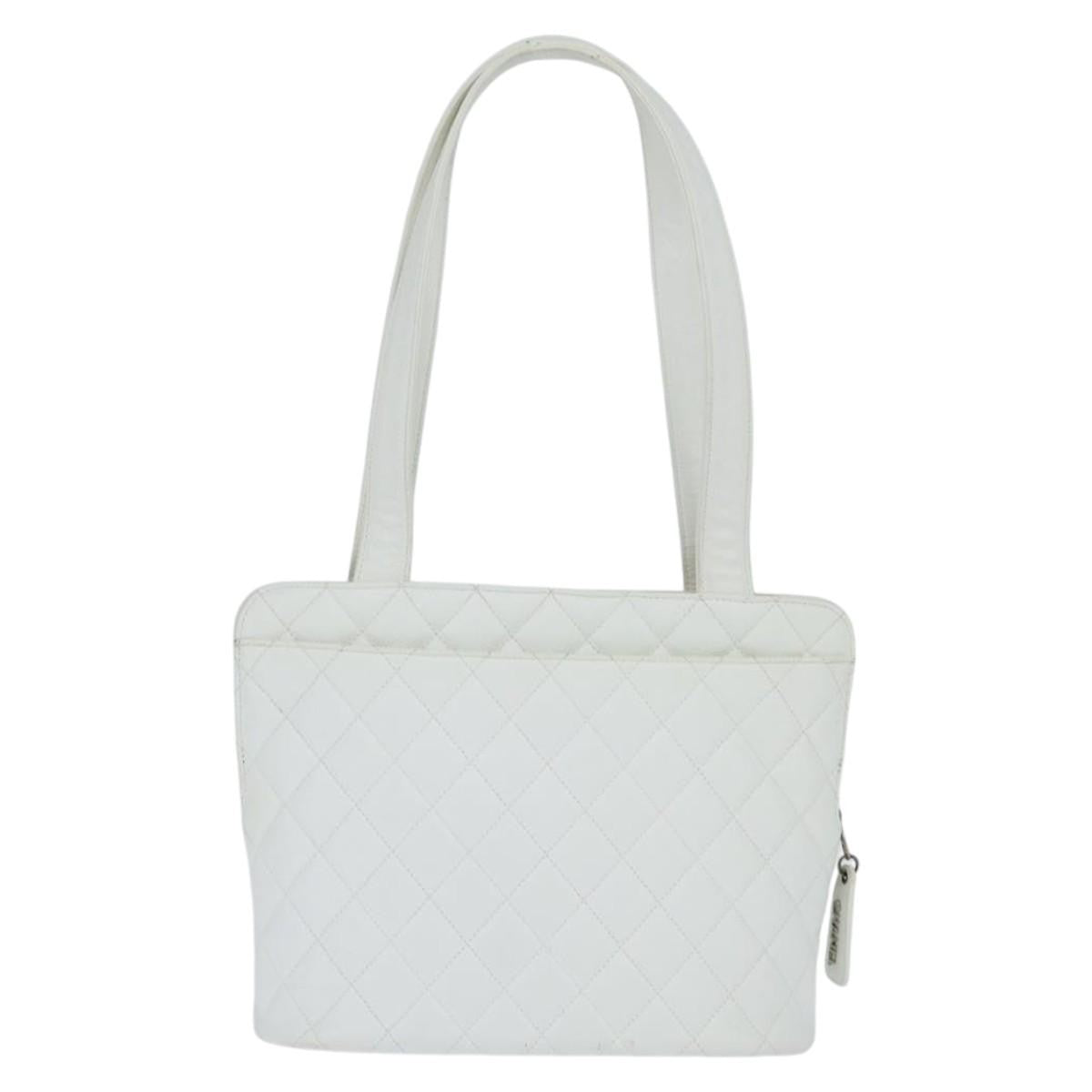 Chanel Vintage Cc Zip Around Bowler Quilted Caviar White Leather Tote Bag Bag (Pre-Owned)
