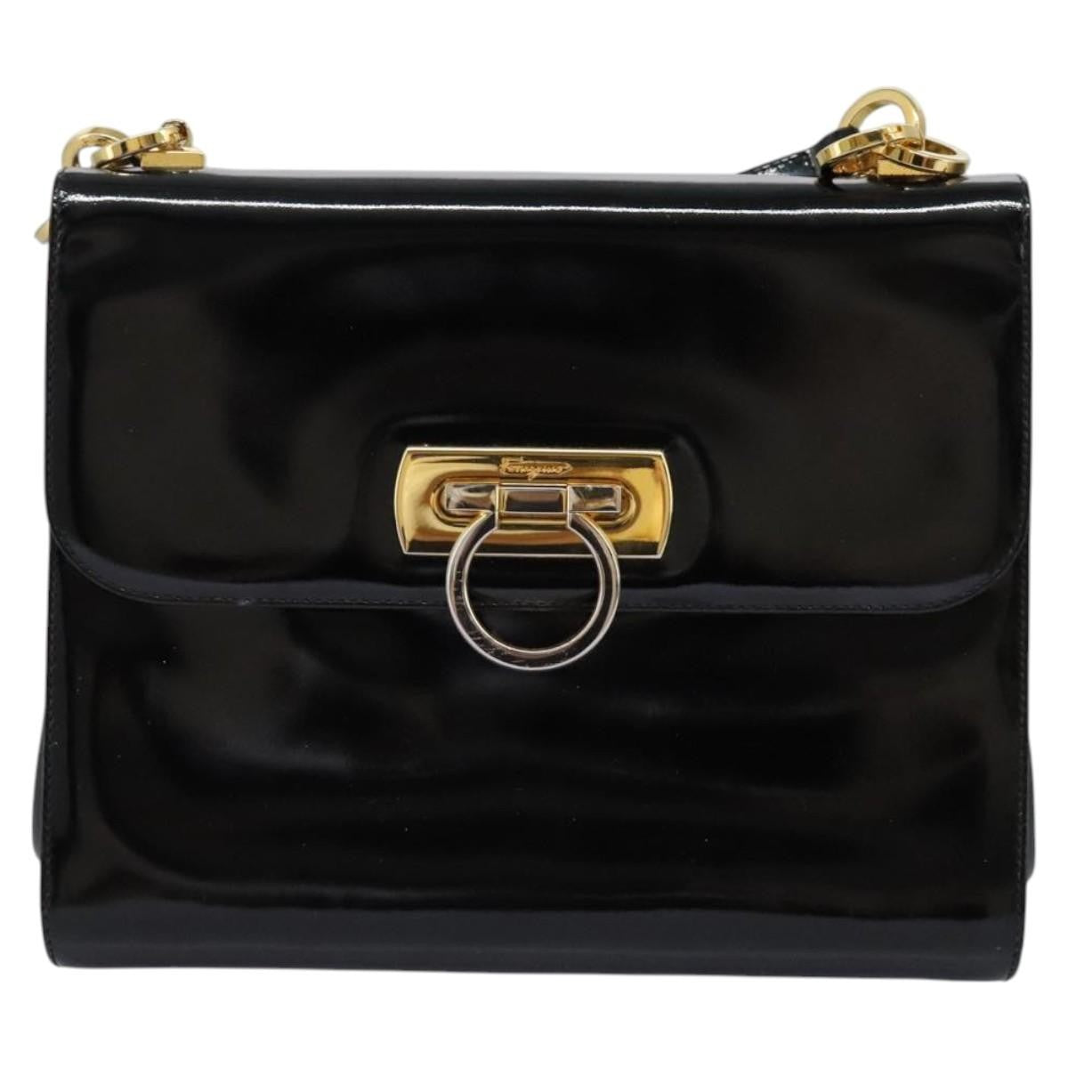 Salvatore Ferragamo Gancini Flap Patent Leather Black Patent_Leather Shoulder Bag Bag (Pre-Owned)