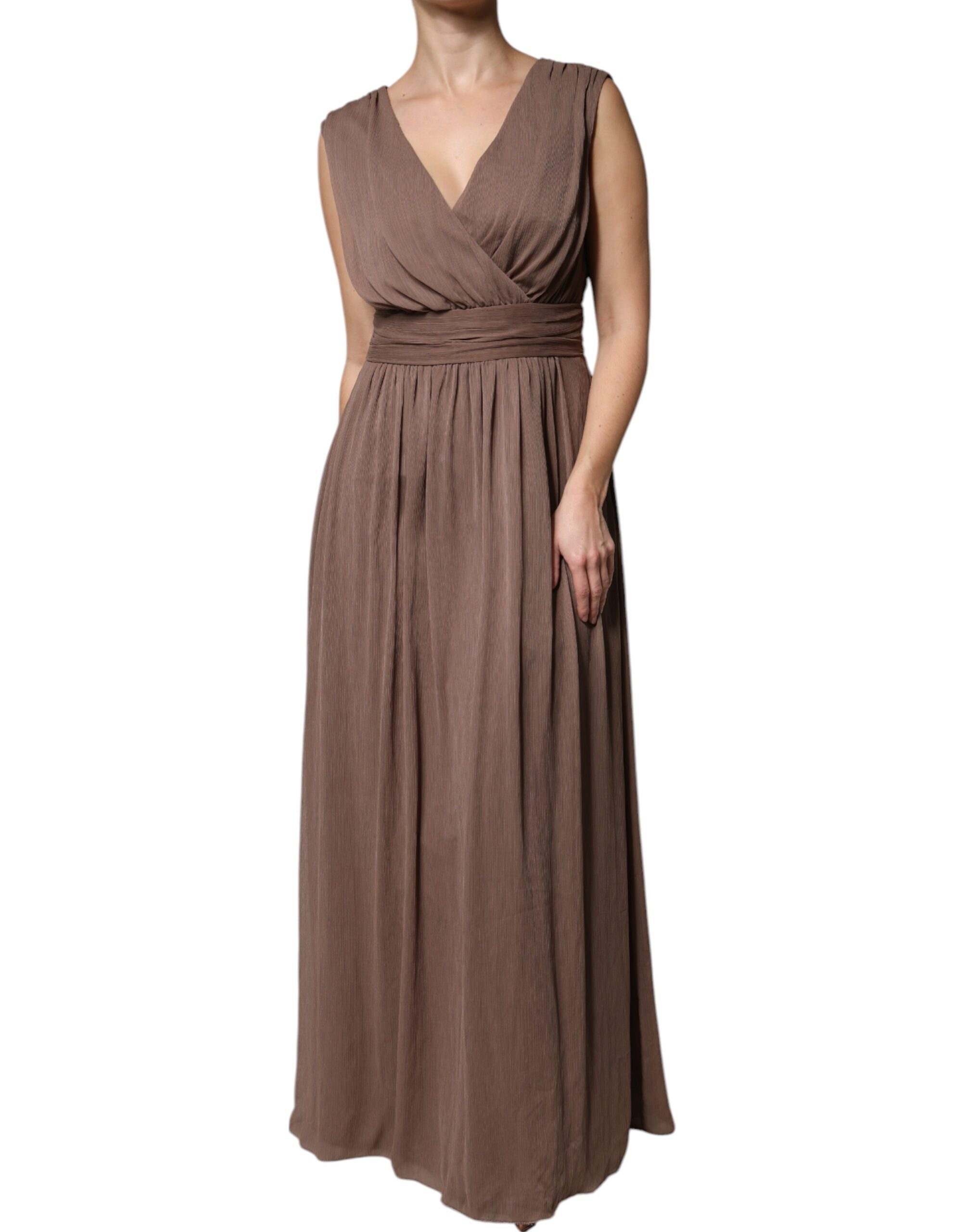 Peserico Brown Sleeveless Deep V-neck A-line Long Maxi Women's Dress (Pre-Owned)