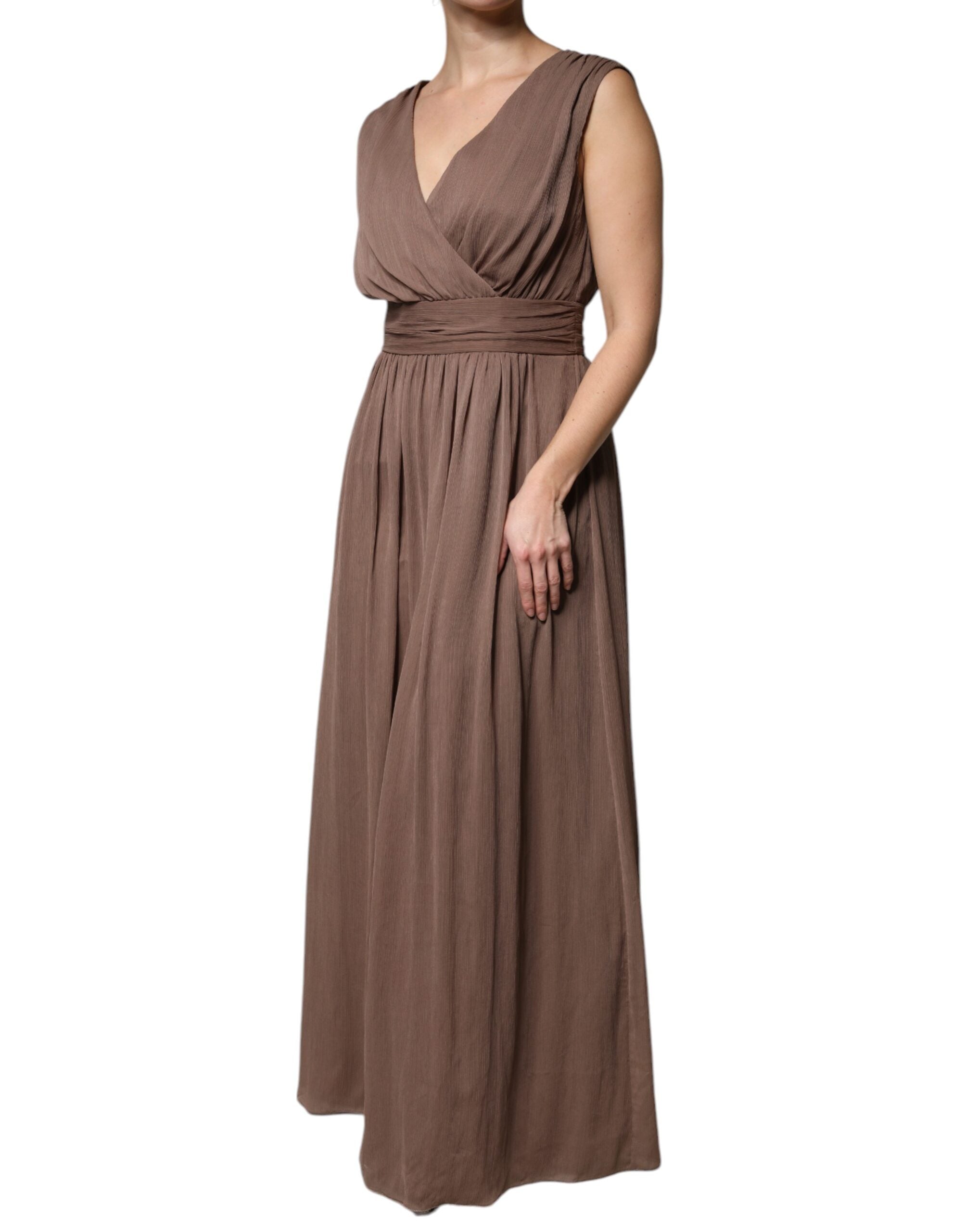 Peserico Brown Sleeveless Deep V-neck A-line Long Maxi Women's Dress (Pre-Owned)