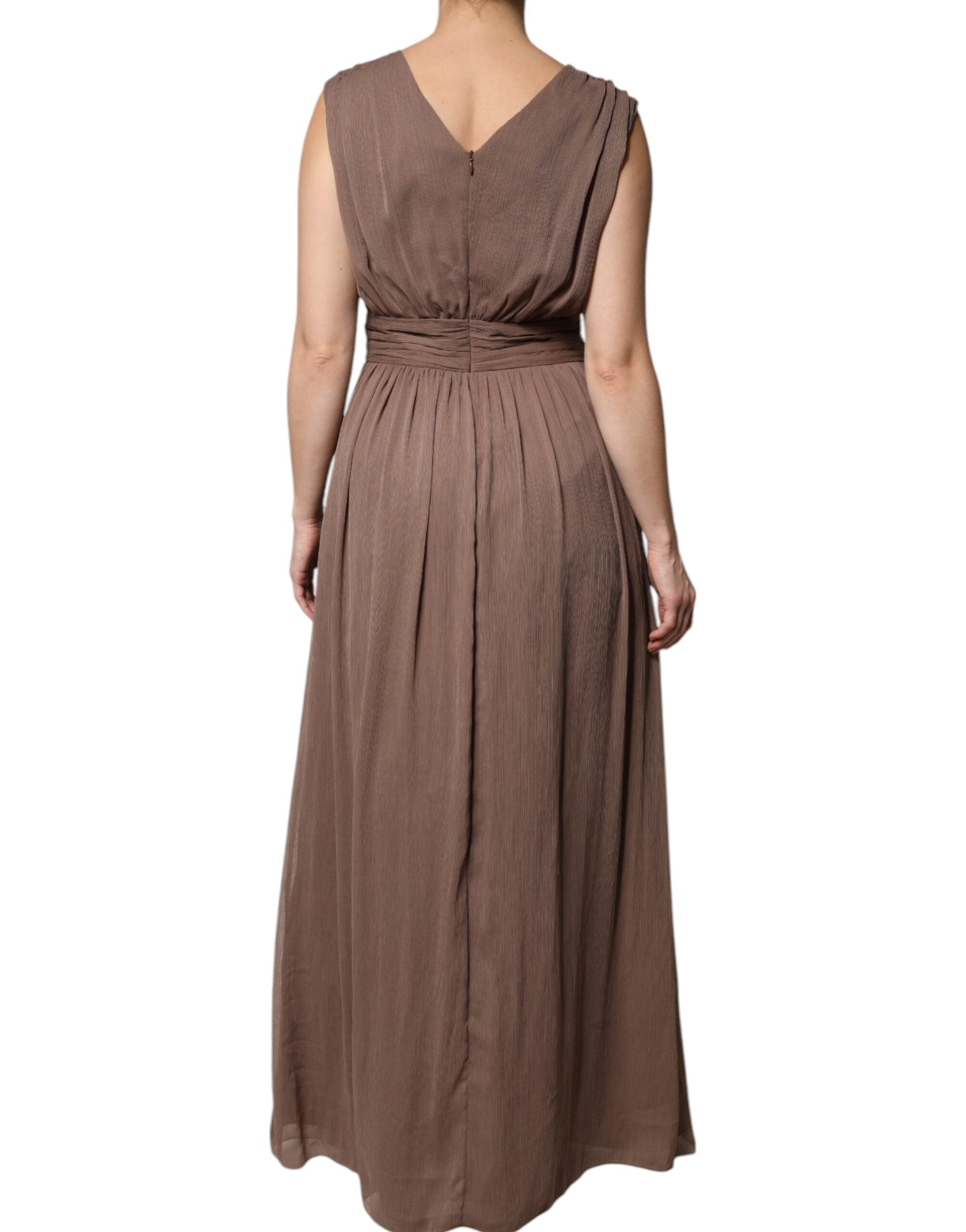 Peserico Brown Sleeveless Deep V-neck A-line Long Maxi Women's Dress (Pre-Owned)