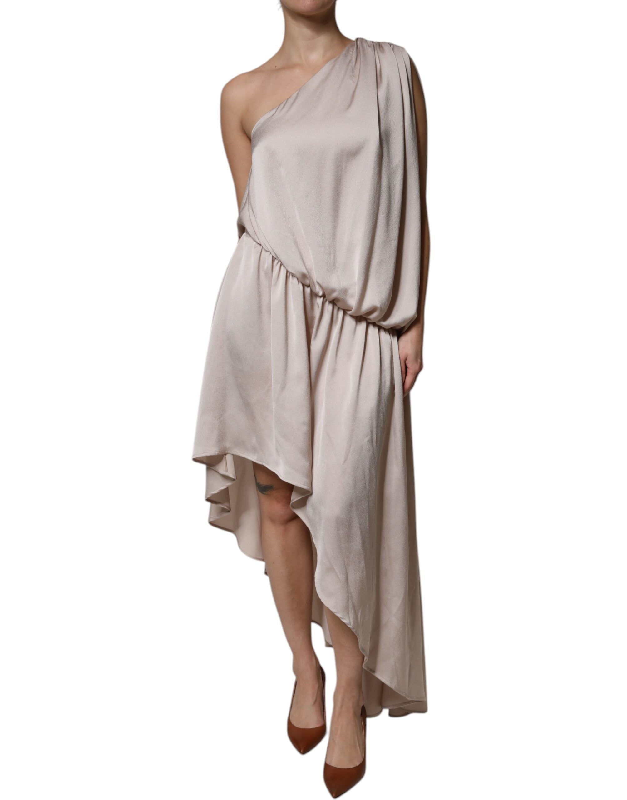 Christian Pellizzari Beige One Shoulder Asymmetric Drape Women's Dress (Pre-Owned)