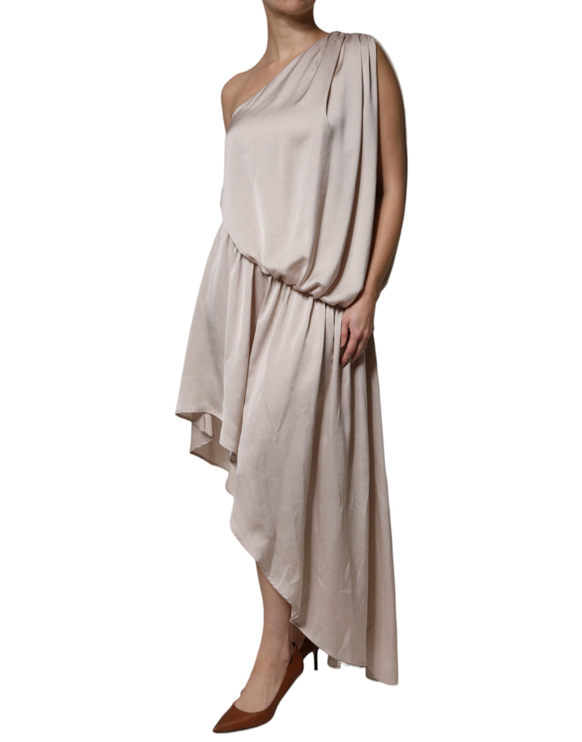 Christian Pellizzari Beige One Shoulder Asymmetric Drape Women's Dress (Pre-Owned)