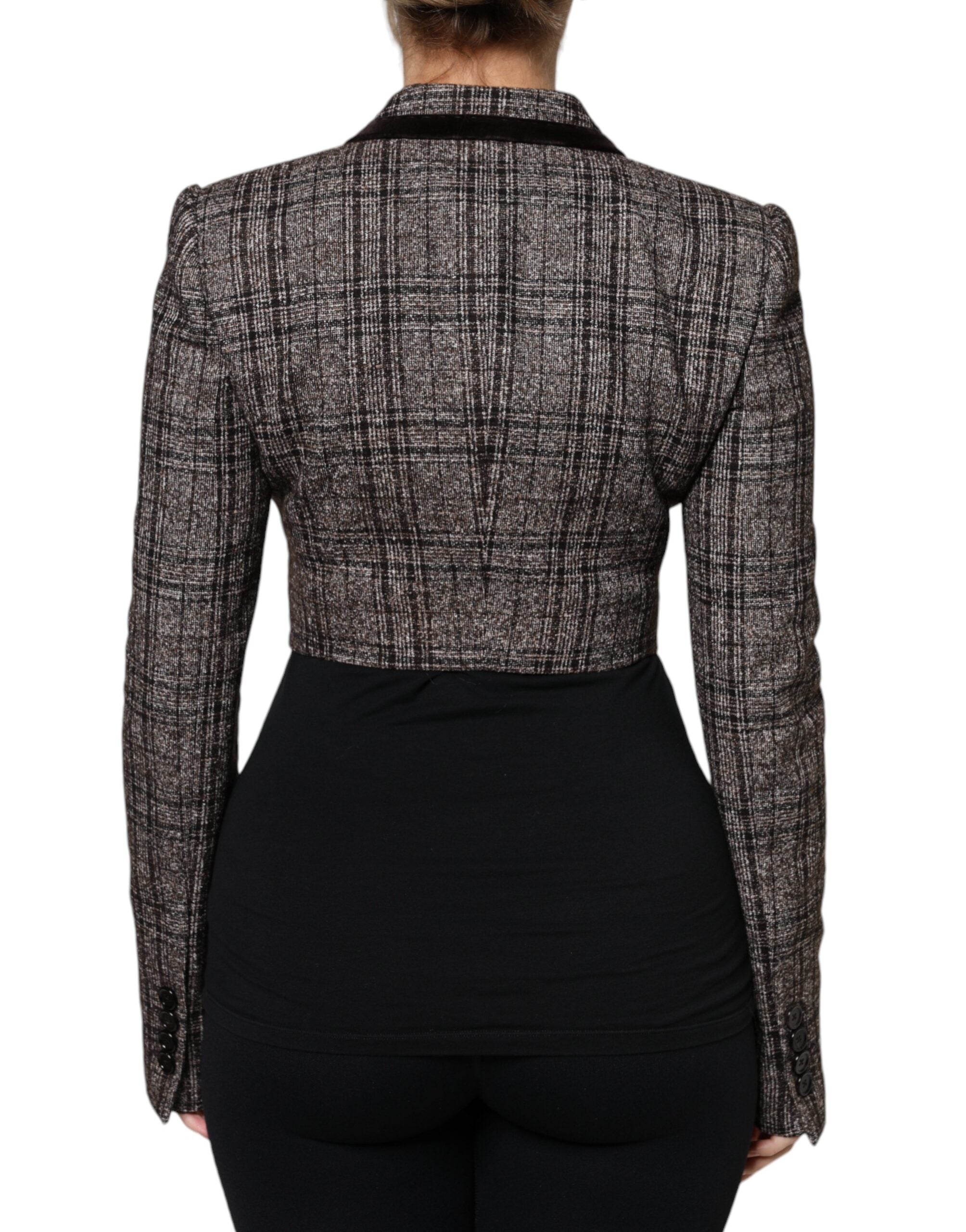 Dolce & Gabbana Brown Plaid Long Sleeve Cropped Coat Women's Jacket