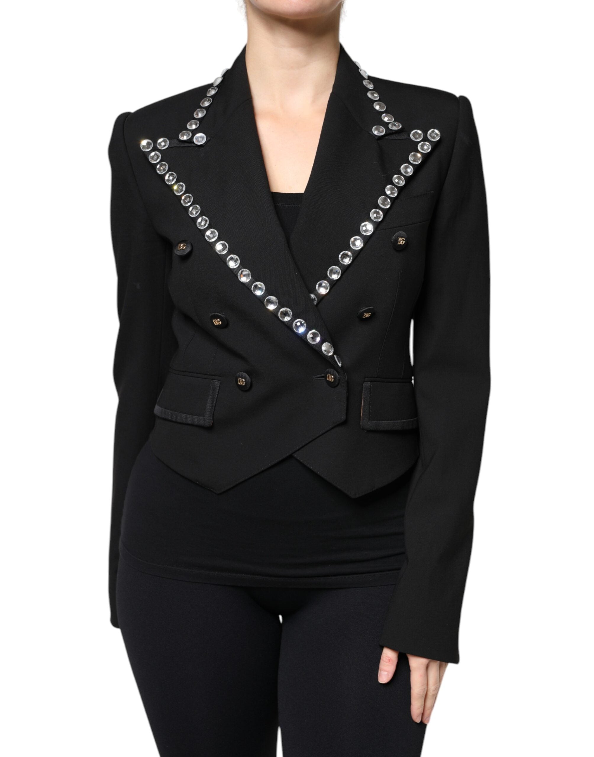 Dolce & Gabbana Black Crystal Double Breasted Blazer Women's Jacket