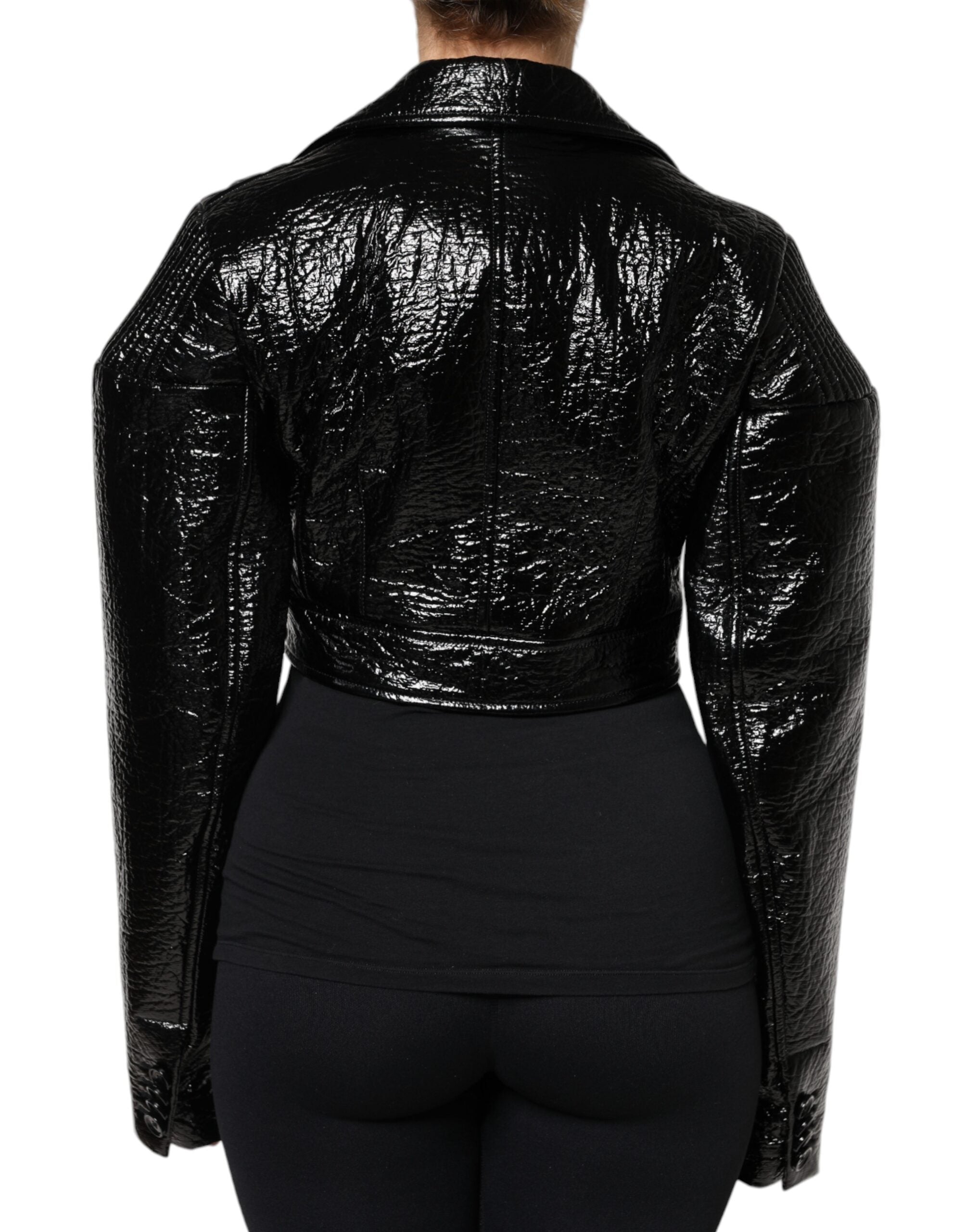 Dolce & Gabbana Black Leather Cropped Long Sleeve Coat Women's Jacket