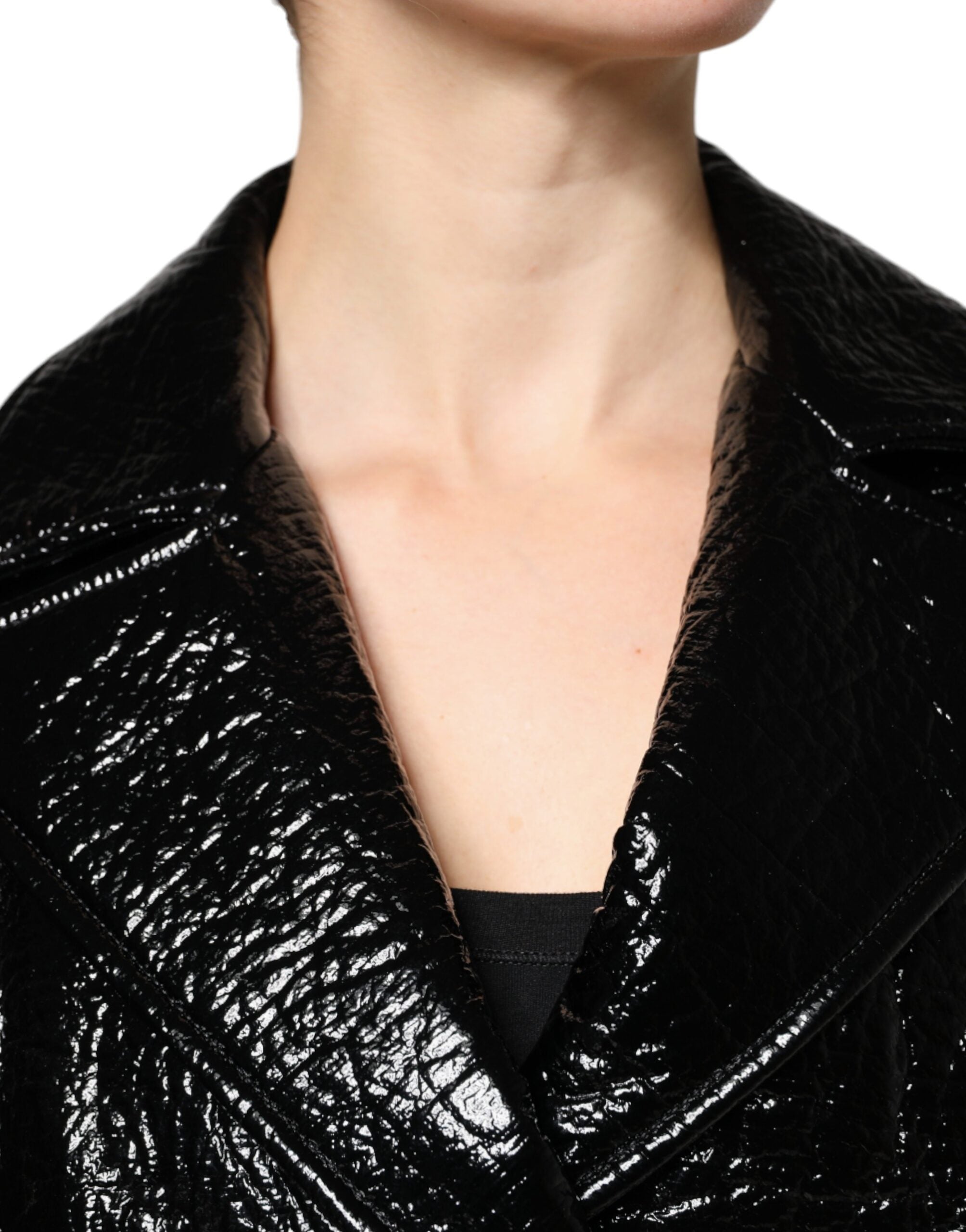 Dolce & Gabbana Black Leather Cropped Long Sleeve Coat Women's Jacket