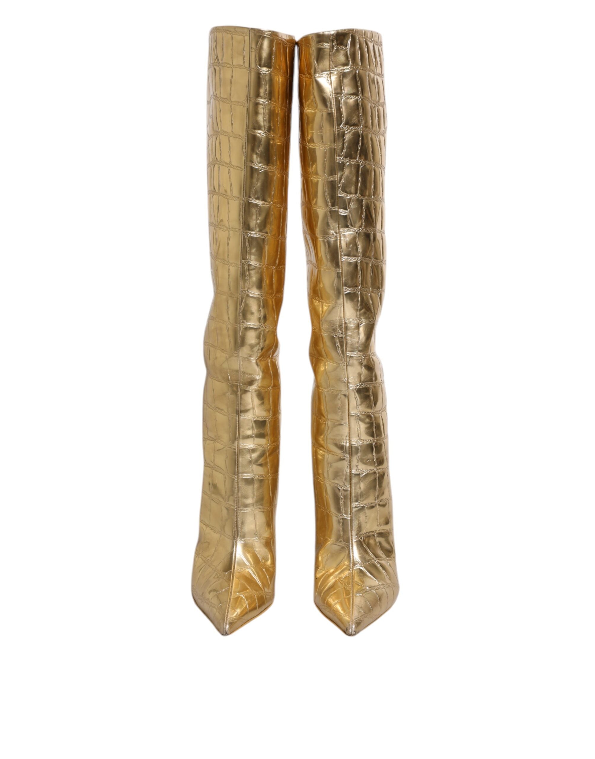 Dolce & Gabbana Gold Leather Stiletto Heels High Boots Women's Shoes