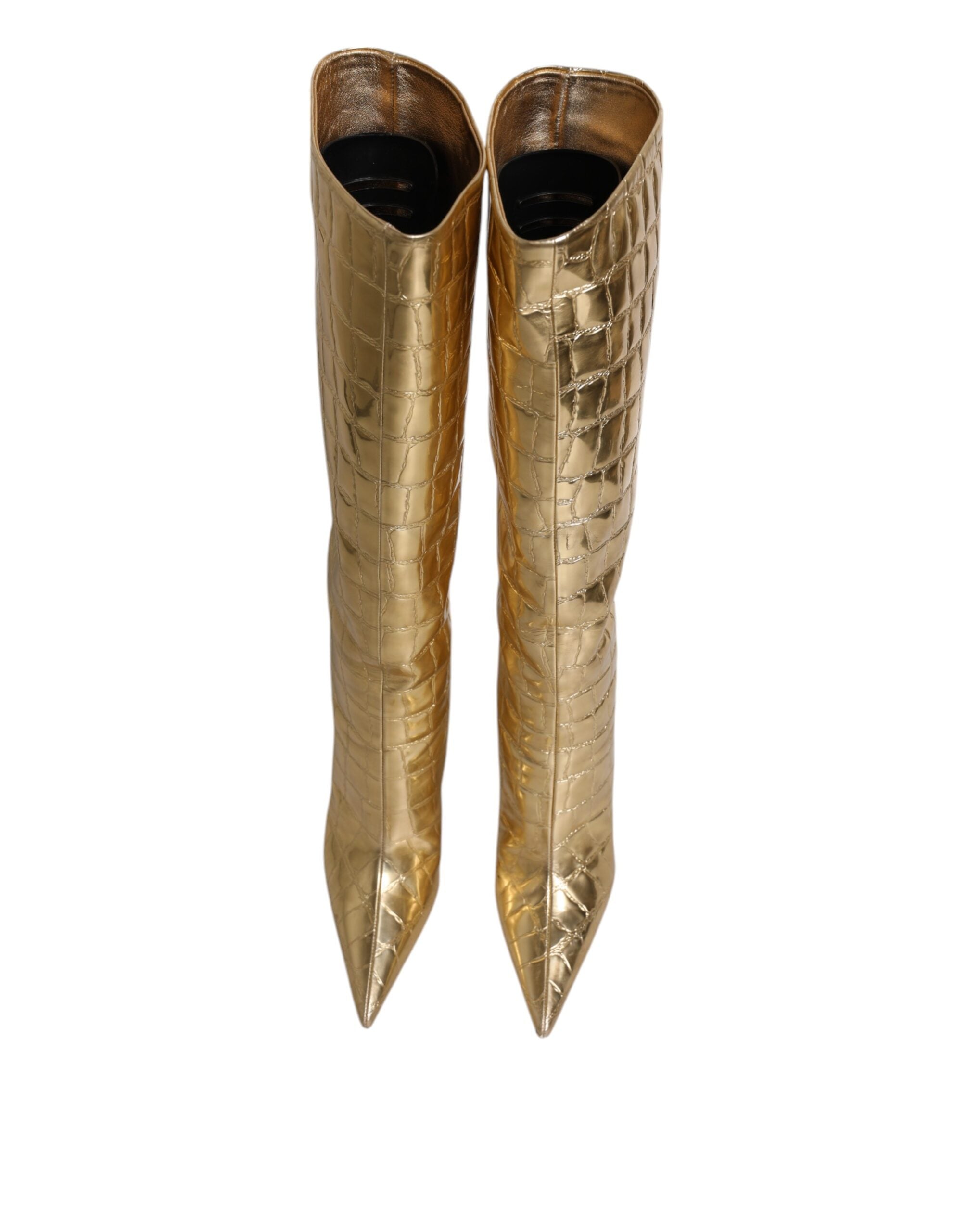 Dolce & Gabbana Gold Leather Stiletto Heels High Boots Women's Shoes